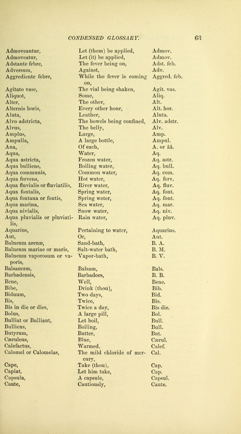 CONDENSED GLOSSARY. Admoveantur Let (them) be applied, Admov. A d m o v eatu r, XJCL \l«-y UC tip]JllLv.l, xx U. Ill (J V. xxublclli le ltrulc, T^lip tpvot* noino' r\n Xlle lev LI UL1I1JZ, UI1, AHst fph xXUSL. leu. Ad versum, A fro i ii of xXgd.lIlol', xVvl V. xlggrtiUIelllc IcUIc, \A/ nilo trip tp\7PT* ic ^nm i n t vviiiic i*iic level is euiniiij^ A fritnto vntsp XXglL<XLiv» Vcioe, on, Thp vial bpino- shalrpn -L. iiv, v itii kJexn^ uiiuJ\V/ii, A o*it, vas A1 inn of, 1 V 11VI IXV/ U, Some Aliq. A 1 tpr Thp othpr 1. lie utiiei, Alt Alternis horis, Every other hour, Alt. hor. A1 uta, TiPa thpr JLJV <l L11V. 1 , Aluta A 1 vo nnstf.TMPfai XXI V LI CXvXO Ul 1U Lex, Thp howpls hpinir ponfinpd xiie uvi» Lio uein^ evjiiiniev.1, A 1 v n rlstr 111 V • <.0 loll o Al viis Thp hpllv x lie uen v j Alv. A m nlnsj -TV II1 Yj 1 T ,n frrp A m n xx in A tyinulla 11 111 Lll 1<X, A lnvcp Viottlp il lcll^C UUlllC, A m nil 1 XX 111 k/U.1* Ana, Of each A or a a XX* \J X CI <_1 • Aqua, Water Aq Aqua astricta, Frozen water Aq. astr. Annn hnllipn* HLjUll M LXlXXeiXO, Boilino* watpr -L-fly 1 1111 VVCXUV'X, Aa bull 11 VI . LI XX • Anna Pflmmiinis (Horn mon wafpr \_/\_/ ill 1X1 \J IX > V ULV1 , A n pom A n ii n TPV\rpriG xXqtlcl lei Velio, H fif TJlTdtPT* XXiJU WalClj A n fan; xxq. ici v. Anna flnvinlis or flnviatilis XXVI \AXJu 11U V Klllij v/1 1111 V ldulllo> T?,ivpr wafpv 1 L i v ex vv Ou L v.. 1 , Aq. fluv. A nnd nr iix to 11 c xltJUrt. 1U 11LctllS, topilug YV«aLcl, A a taii t XXU. 1UI11/. Anno fnnfani nr fontia XXV^ 11 tx 1UI1 LtallcX KsL lUllulo, kjpi HIq VY<xl;Clj A n fir»ni Annn mirinn -TVVI lid Illclt 111<X, Son watpr A a m o r XXVJ • 111 cl 1 . Aqua nivialis, Snow water, Aq. niv. Anna nlnvialis or nlnviati- X IX Ol piui lClllO \J L U1U V lull Bain watpr x.vtviix >> tiuexj An ti 1 n v XXVI. IJxLx V • lis A onarins v| v 1111 iuo, T*priQ? ninrr to Yvatpr* J. ClLO/llllIlg tU WdlLI, A rdiQvina xxq U.d.11 Urs. Aut, Or Aut. Balnpum arpna3 ftand-hath kJ<XIlH LKllil, B. A. Balnpum mariap or maris i^tmiv Liiu iiitu iiiv \JJl iiiaiiuj Salt-watpr hath B. M. Balnpum vanorosnm or va- utl 11JV Ulll V Cl k/ V/1 V'OLllll W1 \ CL ATnnor-hath B. V. poris, Balsamum, Balsam Bals. Barbadensis, Barbadoes, B. B. Belie, Well VV ell, Bene. Bibe, T)rinlr ftlion^ xyxxixiv yuiivjLxy, Bib. Biduum, Tii'n A q vc Bid U1U. Bis, Twi pp x \v lee, JDlb. Bis in die? or dies, Twice a day, Bis die. Bolus A 1 Q V(TP mil xx ltiigc pin, J->U1. Rulliat, or Rnlliant, •L-J KA. ± 1 1 <A V \J 1 l^lllllUll I, T.pf hoil Bull X> Ll L1. Bulliens, 11 1 i ^ , Butyrum, i->U t LCI i Rut Cseruleus, Blue, Casrul. Calefactus, Warmed, Calef. Calomel or Calomelas, The mild chloride of mer- Cal. cury, Cape, Take'(thou), Cap. Capiat, Let him take, Cap. Capsula, A capsule, Capsul. Caute, Cautiously, Caute.