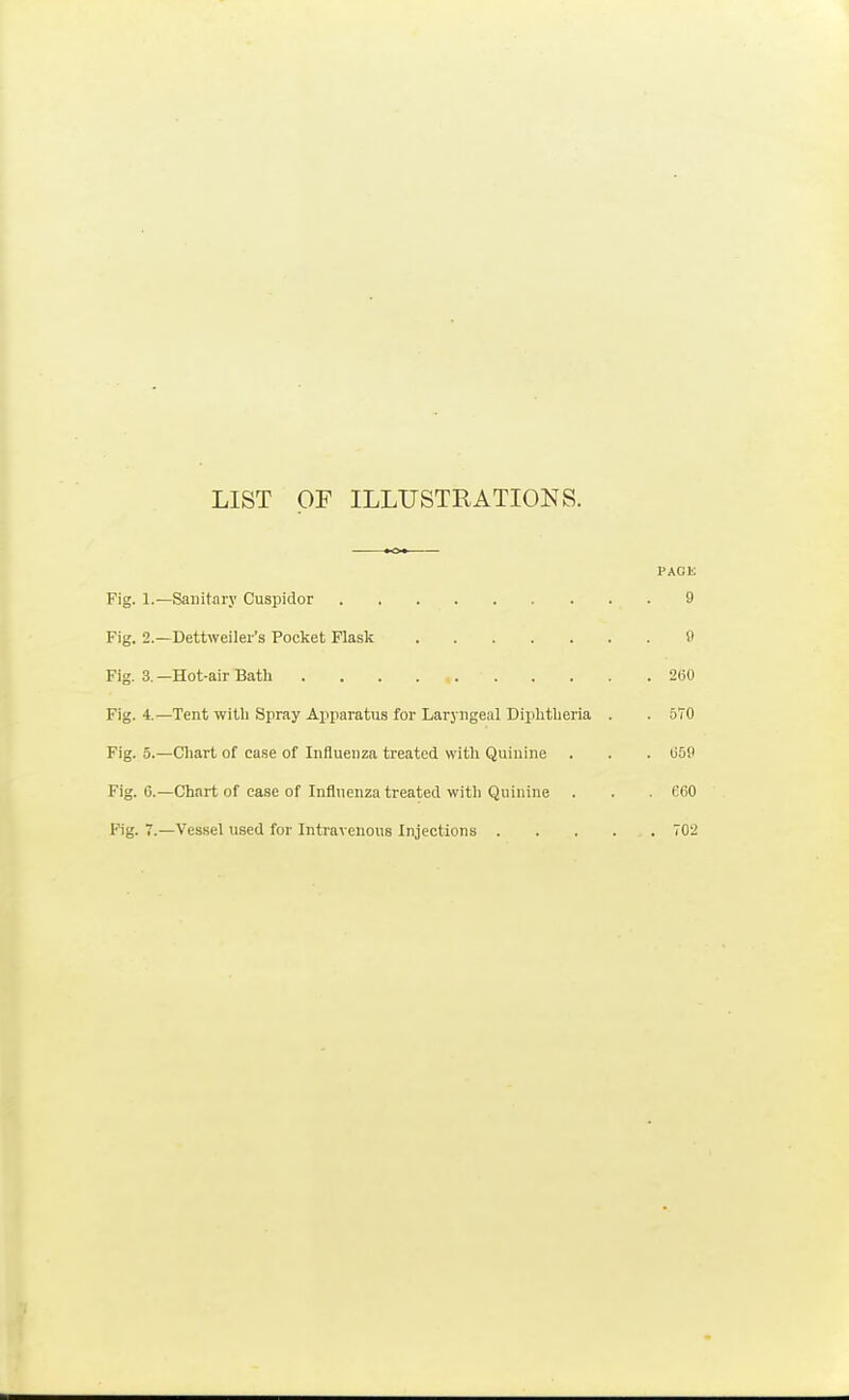 LIST OF ILLUSTRATIONS. PAGIS Fig. 1.—Sanitary Cuspidor 9 Fig. 2.—Dettweiler's Pocket Flask 9 Fig. 3. —Hot-air Bath 260 Fig. 4.—Tent with Spray Apparatus for Laryngeal Diphtheria . . 570 Fig. 5.—Chart of case of Influenza treated with Quinine . . . 059 Fig. G.—Chai-t of case of Influenza treated with Quinine . . t'60 Fig. 7.—Vessel used for Intravenous Injections 702