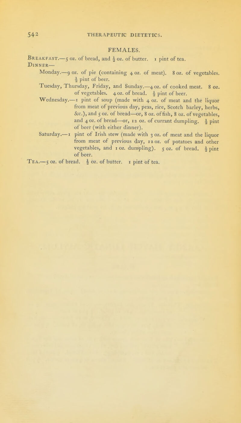 FEMALES. Breakfast.—5 oz. of bread, and ^ oz. of butter, i pint of tea. Dinner— Monday.—9 oz. of pie (containing 4 oz. of meat). 8 oz. of vegetables. ^ pint of beer. Tuesday, Thursday, Friday, and Sunday.—4 oz. of cooked meat. 8 oz. of vegetables, 4 oz. of bread. § pint of beer. Wednesday.—i pint of soup (made with 4 oz. of meat and the liquor from meat of previous day, peas, rice, Scotch barley, herbs, &c.), and 5 oz. of bread—or, 8 oz. of fish, 8 oz. of vegetables, and 40Z. of bread—or, 12. oz. of currant dumpling. | pint of beer (with either dinner). Saturday.—i pint of Irish stew (made with 3 oz. of meat and the liquor from meat of previous day, 120Z. of potatoes and other vegetables, and i oz. dumpling). 5 oz. of bread. ^ pint of beer. Tea.—5 oz. of bread. 5 oz. of butter, i pint of tea.