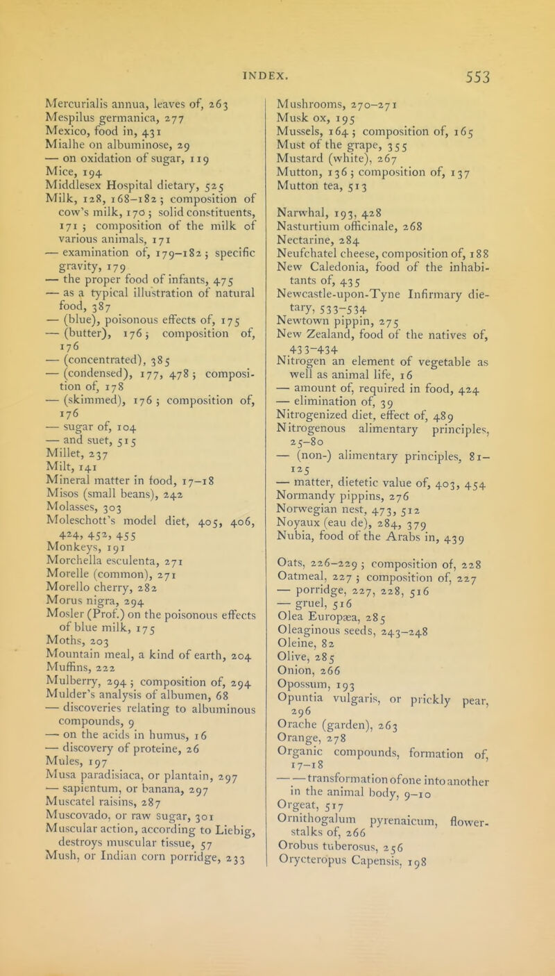 Mercurialis annua, leaves of, 263 Mespilus germanica, 277 Mexico, food in, 431 Mialhe on albuminose, 29 — on oxidation of sugar, 119 Mice, 194 Middlesex Hospital dietary, 525 Milk, 128, 168-182; composition of cow's milk, 170 5 solid constituents, 171 ; composition of the milk of various animals, 171 — examination of, 179-182; specific gravity, 179 — the proper food of infants, 475 — as a typical illustration of natural food, 387 — (blue), poisonous effects of, 175 — (butter), 176; composition of, 176 — (concentrated), 385 — (condensed), 177, 478; composi- tion of, 178 — (skimmed), 176 ; composition of, 176 — sugar of, 104 — and suet, 515 Millet, 237 Milt, 141 Mineral matter in food, 17-18 Misos (small beans), 242 Molasses, 303 Moleschott's model diet, 405, 406, 424, 452, 455 Monkeys, 191 Morchella esculenta, 271 Morelle (common), 271 Morello cherry, 282 Morus nigra, 294 Mosler (Prof.) on the poisonous effects of blue milk, 175 Moths, 203 Mountain meal, a kind of earth, 204 Muffins, 222 Mulberry, 294 ; composition of, 294 Mulder's analysis of albumen, 68 — discoveries relating to albuminous compounds, 9 —■ on the acids in humus, 16 — discovery of proteine, 26 Mules, 197 Musa paradisiaca, or plantain, 297 ■— sapientum, or banana, 297 Muscatel raisins, 287 Muscovado, or raw sugar, 301 Muscular action, according to Liebig, destroys muscular tissue, 57 Mush, or Indian corn porridge, 233 Mushrooms, 270-271 Musk ox, 195 Mussels, 164; composition of, 165 Must of the grape, 355 Mustard (white), 267 Mutton, 136; composition of, 137 Mutton tea, 513 Narwhal, 193, 428 Nasturtium officinale, 268 Nectarine, 284 Neufchatel cheese, composition of, 188 New Caledonia, food of the inhabi- tants of, 435 Newcastle-upon-Tyne Infirmary die- tary, 533-534 Newtown pippin, 275 New Zealand, food of the natives of, 433-434 Nitrogen an element of vegetable as well as animal life, 16 — amount of, required in food, 424 — elimination of, 39 NItrogenized diet, effect of, 489 Nitrogenous alimentary principles, 25-80 — (non-) alimentary principles, 81- — matter, dietetic value of, 403, 454 Normandy pippins, 276 Norwegian nest, 473, 512 Noyaux (eau de), 284, 379 Nubia, food of the Arabs in, 439 Oats, 226-229 j composition of, 228 Oatmeal, 227 ; composition of, 227 — porridge, 227, 228, 516 — gruel, 516 Olea Europaea, 285 Oleaginous seeds, 243-248 Oleine, 82 Olive, 285 Onion, 266 Opossum, 193 Opuntia vulgaris, or prickly pear, 296 Orache (garden), 263 Orange, 278 Organic compounds, formation of, 17-18 — — transformation ofone into another in the animal body, 9-10 Orgeat, 517 Ornithogalum pyrenaicum, flower- stalks of, 266 Orobus tuberosus, 256 Orycteropus Capensis, 198