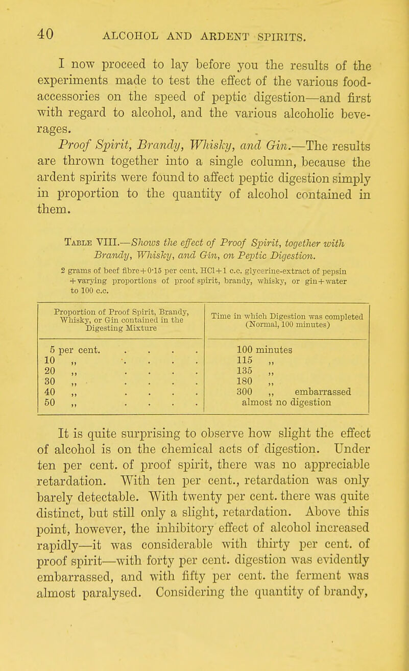 ALCOHOL AND ARDENT SPIRITS. 1 now proceed to lay before you the results of the experiments made to test the effect of the various food- accessories on the speed of peptic digestion—and first with regard to alcohol, and the various alcoholic beve- rages. Proof Spirit, Brandy, Whisky, and Gin.—The results are thrown together into a single column, because the ardent spirits were found to affect peptic digestion simply in proportion to the quantity of alcohol contained in them. Table VIII.—Shoius the effect of Proof Spirit, together with Brandy, Whisky, and Gin, on Peptic Digestion. 2 grams of beef fibre+0-15 per cent. HC1+1 c.c. glycerine-extract of pepsin + varying proportions of proof spirit, brandy, whisky, or gin + water to 100 c.c. Proportion of Proof Spirit, Brandy, Whisky, or Gin contained in the Digesting Mixture Time in which Digestion was completed (Normal, 100 minutes) 5 per cent. .... 10 „ .... 20 „ .... 30 „ • .... 40 „ .... 50 ,, .... 100 minutes 115 „ 135 „ 180 „ 300 ,, embarrassed almost no digestion It is quite surprising to observe how slight the effect of alcohol is on the chemical acts of digestion. Under ten per cent, of proof spirit, there was no appreciable retardation. With ten per cent., retardation was only barely detectable. With twenty per cent, there was quite distinct, but still only a slight, retardation. Above this point, however, the inhibitory effect of alcohol increased rapidly—it was considerable with thirty per cent, of proof spirit—with forty per cent, digestion was evidently embarrassed, and with fifty per cent, the ferment was almost paralysed. Considering the quantity of brandy,