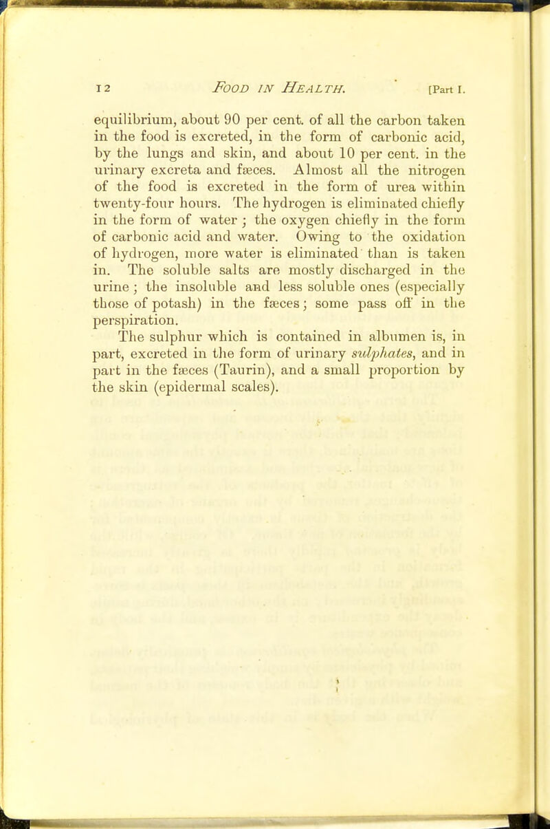 equilibrium, about 90 per cent, of all the carbon taken in the food is excreted, in the form of carbonic acid, by the lungs and skin, and about 10 per cent, in the urinary excreta and faeces. Almost all the nitrogen of the food is excreted in the form of urea within twenty-four hours. The hydrogen is eliminated chiefly in the form of water j the oxygen chiefly in the form of carbonic acid and water. Owing to the oxidation of hydrogen, more water is eliminated than is taken in. The soluble salts are mostly discharged in the urine ; the insoluble and less soluble ones (especially those of potash) in the faeces; some pass oft' in the perspiration. The sulphur which is contained in albumen is, in part, excreted in tlie form of urinary sul'phates, and in part in the faeces (Taurin), and a small proportion by the skin (epidermal scales).