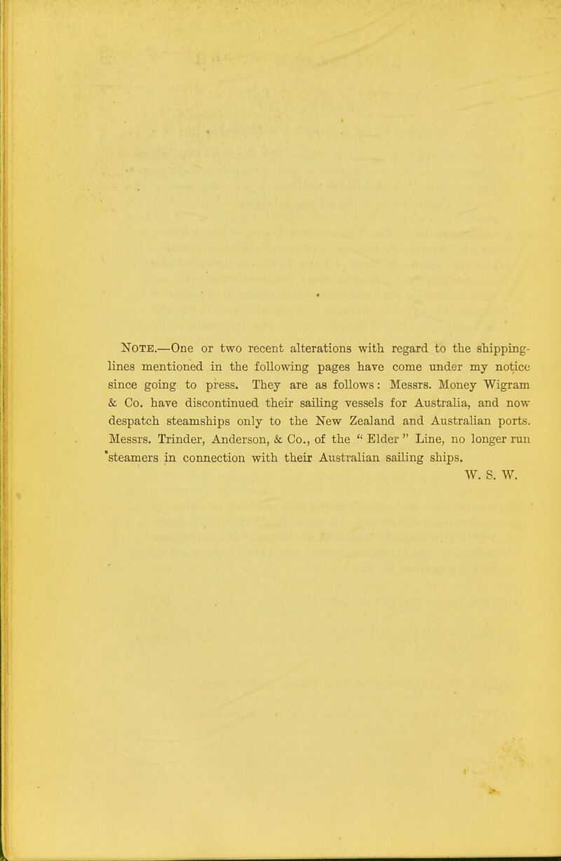 Note.—One or two recent alterations with regard to tlie sMpping- lines mentioned in the following pages have come under my notice since going to press. They are as follows: Messrs. Money Wigram & Co. have discontinued their sailing vessels for Australia, and now despatch steamships only to the New Zealand and Australian ports. Messrs. Trinder, Anderson, & Co., of the  Elder  Line, no longer run 'steamers in connection with their Australian sailing ships. W. S. W.