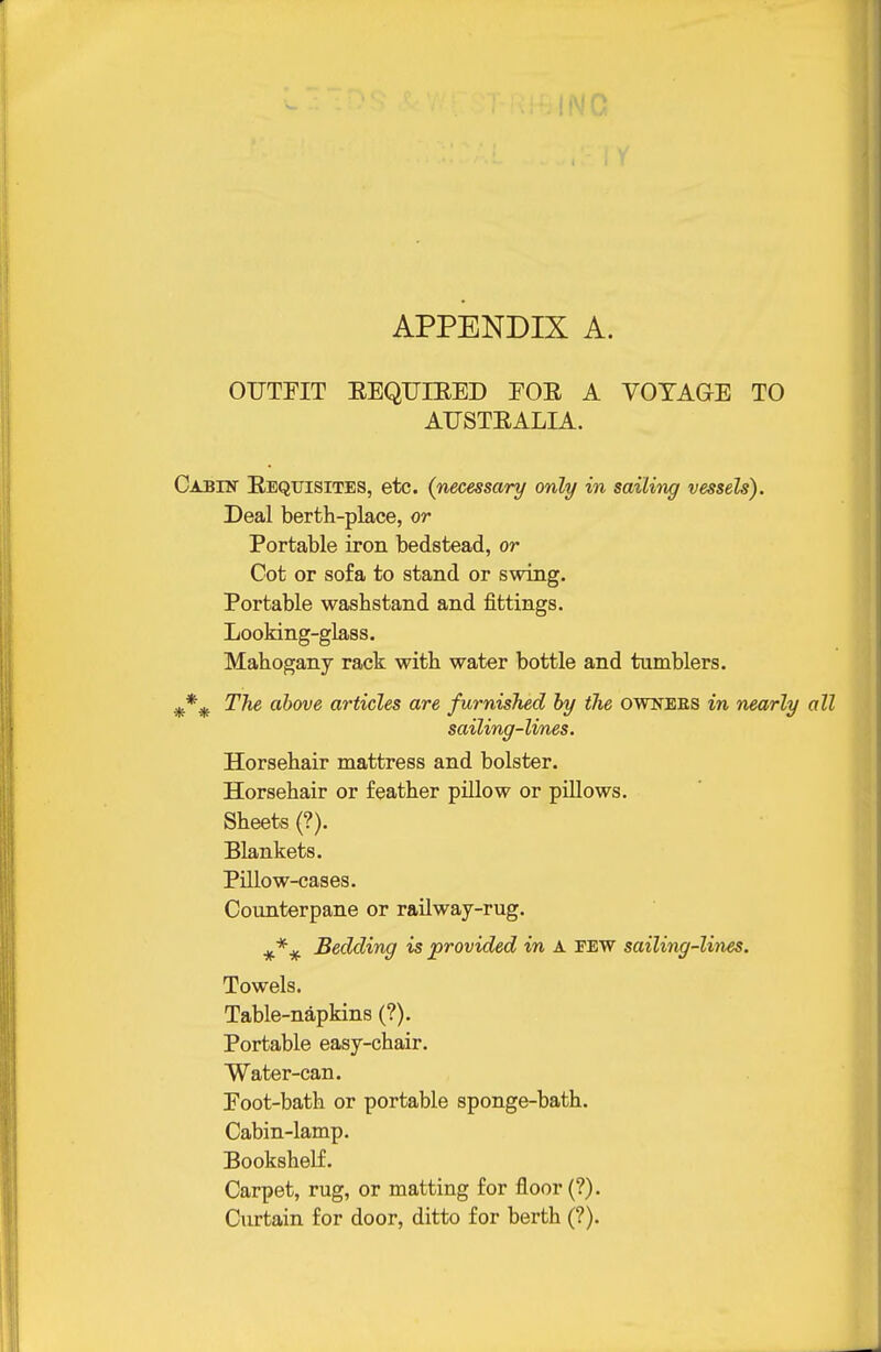 r APPENDIX A. OUTFIT EEQUIEED FOR A VOYAGE TO AIJSTEALIA. Cabin Requisites, etc. {necessary only in sailing vessels). Deal berth-place, or Portable iron bedstead, or Cot or sofa to stand or swing. Portable washstand and fittings. Looking-glass. Mahogany rack with water bottle and tumblers. The above articles are furnished by the owkees in nearly sailing-lines. Horsehair mattress and bolster. Horsehair or feather pillow or piUows. Sheets (?). Blankets. Pillow-cases. Counterpane or raUway-rug. Bedding is provided in A few sailing-lines. Towels. Table-napkins (?). Portable easy-chair. Water-can. Eoot-bath or portable sponge-bath. Cabin-lamp. Bookshelf. Carpet, rug, or matting for floor (?). Curtain for door, ditto for berth (?).