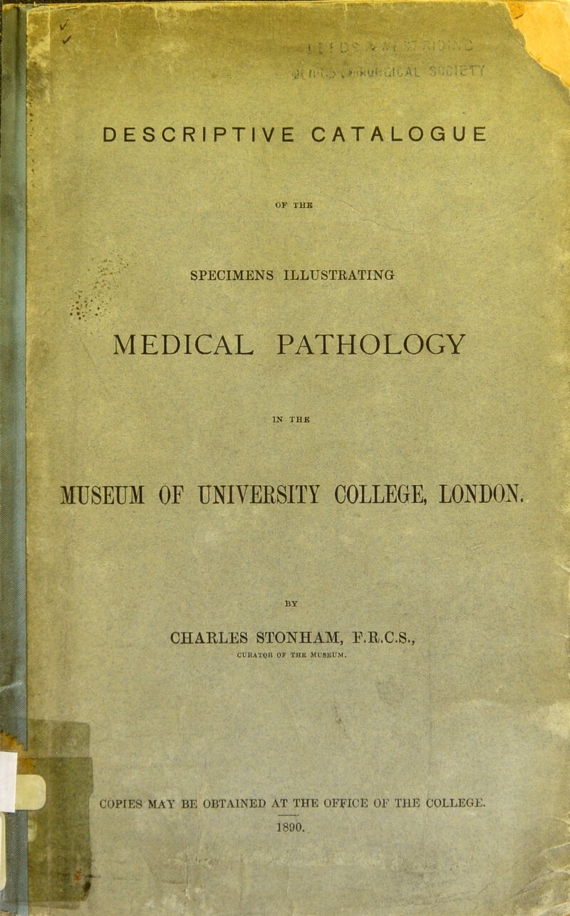 I I OF THB • • •_ . ■ SPECIMENS ILLUSTRATING MEDICAL PATHOLOGY IN THB MTISEUM OF UNIVEE8ITY COLLEGE, LONDON. BY CHARLES STONHAM, P.R.C.S., CUKATQR OF THE MUSBUM. COPIES iUY BE OBTAINED AT THE OFFICE OF THE COLLEGi:. 1890.