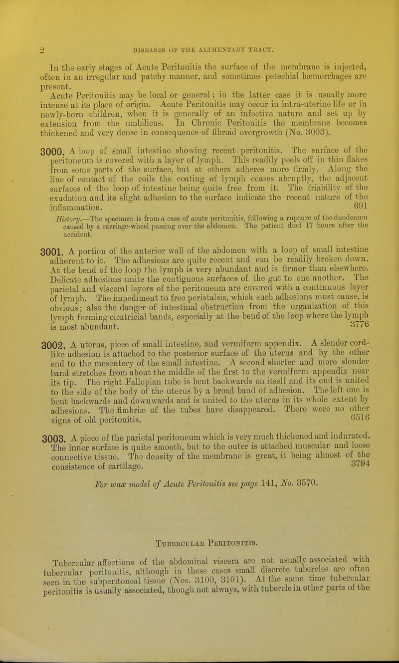 lu the early stages of Acute Peritonitis the surface of the niembraue is iujected, often in an irregular and patchy manner, and sometimes petechial haemorrhages are present. Acute Peritonitis may be local or general; in the latter case it is usually more intense at its place of origin. Acute Peritonitis may occur in intra-uterine life or in newly-born children, when it is generally of an infective natui-e and set up by extension from the umbilicus. In Chronic Peritonitis the membrane becomes thickened and very dense in consequence of fibroid overgrowth (No. 3003). 3000. A loop of small intestine showing recent peritonitis. The surface of the peritoneum is covered with a layer of lymph. This readily peels off in thin flakes from some parts of the surface, but at others adheres more firmly. Along the line of contact of the coils the coating of lymph ceases abruptly, the adjacent surfaces of the loop of intestine being quite free from it. The friability of the exudation and its slight adhesion to the surface indicate the recent nature of the inflammation. 691 History.—The specimen is from a case of acute peritonitis, following a rapture of the duodenum caused by a carriage-wheel passing over the abdomen. The patient died 17 hours after the accident. 3001. A portion of the anterior wall of the abdomen with a loop of small intestine adherent to it. The adhesions are quite recent and can be readily broken down. At the bend of the loop the lymph is very abundant and is firmer than elsewhere. Delicate adhesions unite tlie contiguous surfaces of the gut to one another. The parietal and visceral layers of the peritoneum are covered with a continuous layer of lymph. The impediment to free peristalsis, which such adhesions must cause, is obvious; also the danger of intestinal obstruction from the organization of this lymph forming cicatricial bands, especially at the bend of the loop where the lymph is most abundant. 37/6 3002. A uterus, piece of small intestine, and vermiform appendix. A slender cord- like adhesion is attached to the posterior surface of the uterus and by the other end to the mesentery of the small intestine. A second shorter and more slender band stretches from about the middle of the first to the vermiform appendix near its tip. The right Pallopian tube is bent backwards on itself and its end is united to the side of the body of the uterus by a broad band of adhesion. The left one is bent backwards and downwards and is united to the uterns in its whole extent by adhesions. The fimbria) of the tubes have disappeared. There were no other signs of old peritonitis. 6516 3003. A piece of the parietal peritoneum which is very much thickened and indurated. The inner surface is quite smooth, but to the outer is attached muscular and loose connective tissue. The density of the membrane is great, it being almost of^ the consistence of cartilage. 3794 For ivax model of Acute Peritonitis seepage 141, No. 3570. TUBBUOULAU PeMTONITIS. Tubercular affections of the abdominal viscera are not usually associated with tubercular peritonitis, although in these cases small discrete tubercles are often seen m the subperitoneal tissue (Nos. 3100, 3101). At the same time tubercular peritonitis is usually associated, though not always, with tubercle m other parts of the
