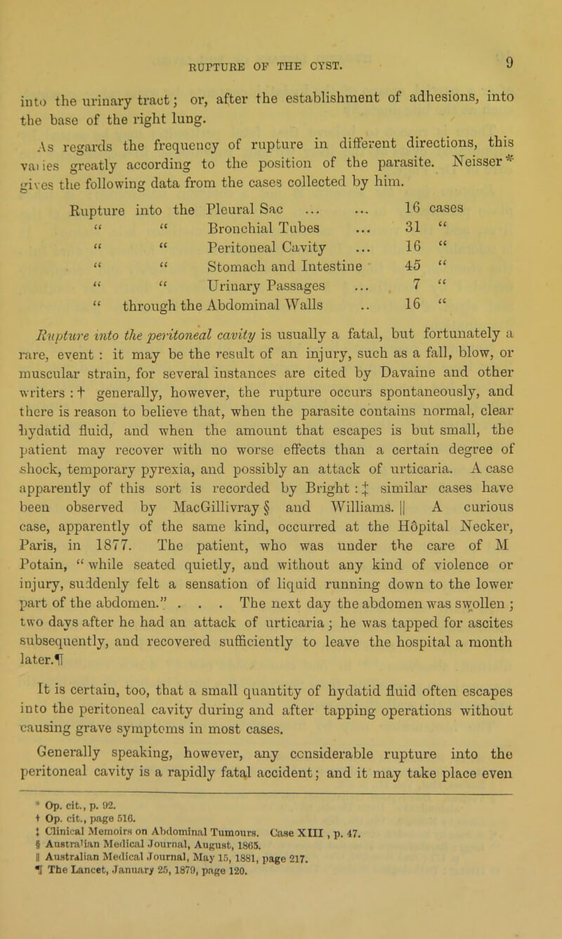 into the urinary tract; or, after the establishment of adhesions, into the base of the right lung. As regards the frequency of rupture in different directions, this vaiies greatly according to the position of the parasite. Neisser gives the following data from the cases collected by him. Rupture into the Pleural Sac “ “ Bronchial Tubes “ “ Peritoneal Cavity “ “ Stomach and Intestine “ “ Urinary Passages “ through the Abdominal Walls 16 cases 31 “ 16 “ 45 “ 7 “ 16 “ Rupture into the ‘peritoneal cavity is usually a fatal, but fortunately a rare, event : it may be the result of an injury, such as a fall, blow, or muscular strain, for several instances are cited by Davaine and other writers : t generally, however, the rupture occurs spontaneously, and there is reason to believe that, when the parasite contains normal, clear hydatid fluid, and when the amount that escapes is but small, the patient may recover with no worse effects than a certain degree of shock, temporary pyrexia, and possibly an attack of urticaria. A case apparently of this sort is recorded by Bright :;}; similar cases have been observed by MacGillivray § and Williams. || A curious case, apparently of the same kind, occurred at the Hopital Necker, Paris, in 1877. The patient, who was under the care of M Potain, “ while seated quietly, and without any kind of violence or injury, suddenly felt a sensation of liquid running down to the lower part of the abdomen.” . . . The next day the abdomen was swollen ; two days after he had an attack of urticaria; he was tapped for ascites subsequently, and recovered sufficiently to leave the hospital a month later. H It is certain, too, that a small quantity of hydatid fluid often escapes into the peritoneal cavity during and after tapping operations without causing grave symptoms in most cases. Generally speaking, however, any considerable rupture into the peritoneal cavity is a rapidly fatal accident; and it may take place even * Op. cit., p. 92. + Op. cit., page 516. J Clinical Memoirs on Abdominal Tumours. Case XIII, p. 47. § Australian Medical .Journal, August, 1865. II Australian Medical Journal, May 15, 1881, page 217. T The Lancet, .January 25,1879, page 120.