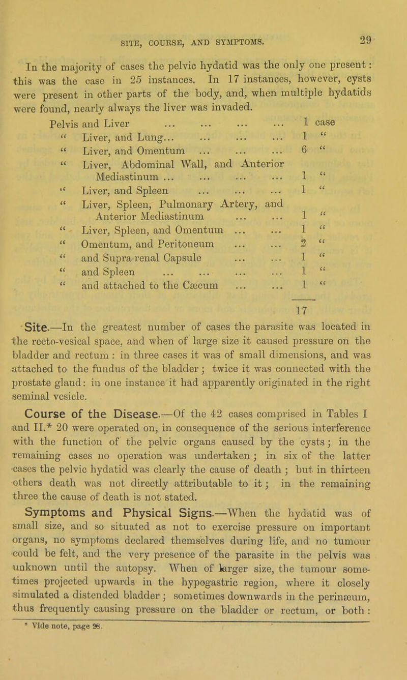 SITE, COURSE, AND SYMPTOMS. In the majority of cases the pelvic hydatid was the only one present: this was the case in 25 instances. In 17 instances, however, cysts were present in other parts of the body, and, when multiple hydatids were found, nearly always the liver was invaded. Pelvis and Liver I case << Liver, and Lung... 1 cc (C Liver, and Omentum 6 C( U Liver, Abdominal Wall, and Anterior Mediastinum ... 1 u iC Liver, and Spleen 1 u a Liver, Spleen, Pulmonary Artery, and Anterior Mediastinum 1 ce (6 Liver, Spleen, and Omentum ... 1 a u Omentum, and Peritoneum 2 6C u and Supra-renal Capsule 1 (C u and Spleen 1 C( (C and attached to the Csecum 1 u 17 Site. —In the greatest number of cases the parasite was located in the recto-vesical space, and when of large size it caused pressure on the bladder and rectum : in three cases it was of small dimensions, and was attached to the fundus of the bladder ; twice it was connected with the prostate gland: in one instance it had apparently originated in the right seminal vesicle. Course of the Disease.—Of the 42 cases comprised in Tables I and II.* 20 were operated on, in consequence of the serious interference with the function of the pelvic organs caused by the cysts; in the remaining cases no operation was undertaken; in six of the latter ■cases the pelvic hydatid was clearly the cause of death ; but in thirteen •others death was not directly attributable to it; in the remaining three the cause of death is not stated. Symptoms and Physical Signs.—When the hydatid was of small size, and so situated as not to exercise pressure on important organs, no symptoms declared themselves during life, and no tumour ■could be felt, and the very presence of the parasite in the pelvis was unknown until the autopsy. When of larger size, the tumour some- times projected upwards in the hypogastric region, where it closely simulated a distended bladder ; sometimes downwards in the perinseum, thus frequently causing pressure on the bladder or rectum, or both : * Vide note, page 28.