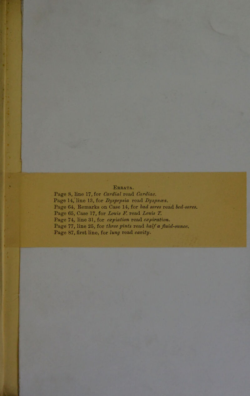 Errata. Page 8, line 17, for Cardial read Cardiac. Page 14, line 13, for Dyspepsia read Dyspnoea. Page 64, Remarks on Case 14, for bad sores read bed sores. Page 65, Case 17, for Louis F. read Louis T. Page 74, line 31, for expiation read expiration. Page 77, line 25, for three pints read half a fluid-ounce. Page 87, first line, for lung read cavity.
