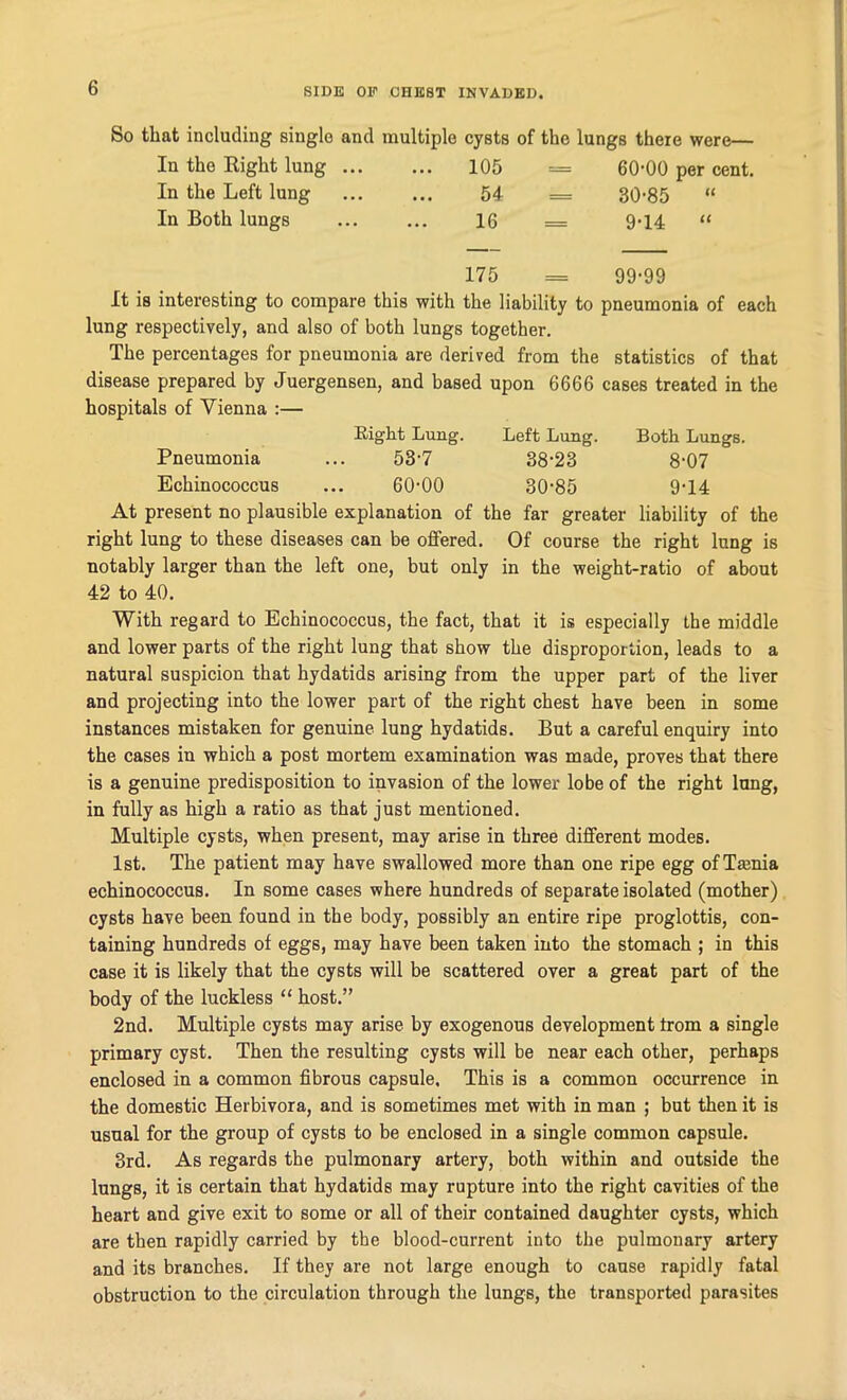 So that including single and multiple cysts of the lungs there were— In the Right lung ... 105 = 60-00 per cent. In the Left lung 54 = 30-85 “ In Both lungs 16 = 9-14 “ 175 = 99-99 It is interesting to compare this with the liability to pneumonia of each lung respectively, and also of both lungs together. The percentages for pneumonia are derived from the statistics of that disease prepared by Juergensen, and based upon 6666 cases treated in the hospitals of Vienna :— Eight Lung. Left Lung. Both Lungs. Pneumonia ... 53-7 38-23 8-07 Echinococcus ... 6000 30-85 014 At present no plausible explanation of the far greater liability of the right lung to these diseases can be offered. Of course the right lung is notably larger than the left one, but only in the weight-ratio of about 42 to 40. With regard to Echinococcus, the fact, that it is especially the middle and lower parts of the right lung that show the disproportion, leads to a natural suspicion that hydatids arising from the upper part of the liver and projecting into the lower part of the right chest have been in some instances mistaken for genuine lung hydatids. But a careful enquiry into the cases in which a post mortem examination was made, proves that there is a genuine predisposition to invasion of the lower lobe of the right lung, in fully as high a ratio as that just mentioned. Multiple cysts, when present, may arise in three different modes. 1st. The patient may have swallowed more than one ripe egg ofTa3nia echinococcus. In some cases where hundreds of separate isolated (mother) cysts have been found in the body, possibly an entire ripe proglottis, con- taining hundreds of eggs, may have been taken into the stomach ; in this case it is likely that the cysts will be scattered over a great part of the body of the luckless “ host.” 2nd. Multiple cysts may arise by exogenous development from a single primary cyst. Then the resulting cysts will be near each other, perhaps enclosed in a common fibrous capsule. This is a common occurrence in the domestic Herbivora, and is sometimes met with in man ; but then it is usual for the group of cysts to be enclosed in a single common capsule. 3rd. As regards the pulmonary artery, both within and outside the lungs, it is certain that hydatids may rupture into the right cavities of the heart and give exit to some or all of their contained daughter cysts, which are then rapidly carried by the blood-current into the pulmonary artery and its branches. If they are not large enough to cause rapidly fatal obstruction to the circulation through the lungs, the transported parasites
