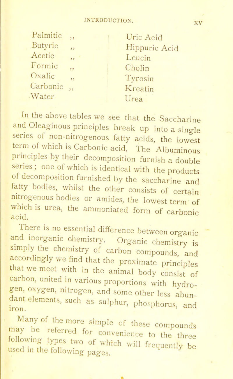 Palmitic Butyric Acetic Formic Oxalic ' Uric Acid Hippuric Acid j Leucin Cholin Tyrosin Carbonic „ Kreatin Water Urea In the above tables we see that the Saccharine and Oleao-inous principles break up into a sin-Ie series of non-nitrogenous fatty acids, the lowest term ofwhich is Carbonic acid. The Albuminous principles by their decomposition furnish a double series ; one of which is identical with the products ofdecomposition furnished by the saccharine and fatty bodies, whilst the other consists of certain nitrogenous bodies or amides, the lowest term' of which is urea, the ammoniated form of carbonic acid. There is no essential difference between oro-anic and inorganic chemistry. Organic chemistry is simply the chemistry of carbon compounds, and accordingly we find that the proximate principles that we meet with in the animal body consist of carbon, united in various proportions with hydro- gen, oxygen, nitrogen, and some other less abun- dant elements, such as sulphur, phosphorus, and Many of the more simple of these compounds may be referred for convenience to the three ollowing types two of which will frequently be used in the following pages.