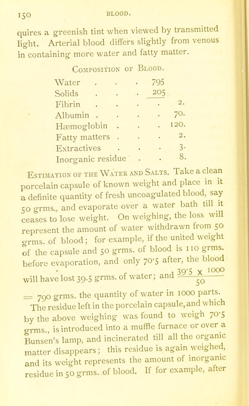 1^0 BLOOD. quires a greenish tint when viewed by transmitted light. Arterial blood differs slightly from venous in containing more water and fatty matter. 795 20S Composition of Blood. Water Solids Fibrin Albumin . HEemoglobin Fatty matters Extractives Inorganic residue 2 70 120 2 3 8 Estimation of the Water and Salts. Take a dean porcelain capsule of known weight and place in it a definite quantity of fresh uncoagulated blood, say 50 o-rms., and evaporate over a water bath till it ceases to lose weight. On weighing, the loss will represent the amount of water withdrawn from 50 o-rms. of blood; for example, if the united weight of the capsule and 50 grms. of blood is no grms. before evaporation, and only 70-5 after, the blood A 395 X ^0°° will have lost 39.5 grms. of water; and ^ = 790 grms. the quantity of water in lOOO parts. The residue left in the porcelain capsule, and which by the above weighing was found to weigh 70-5 g-rms is introduced into a muffle furnace or over a Bunsen's lamp, and incinerated till all the organic matter disappears; this residue is again weighed, and its weight represents the amount of inorganic residue in 50 grms. of blood. If for example, after