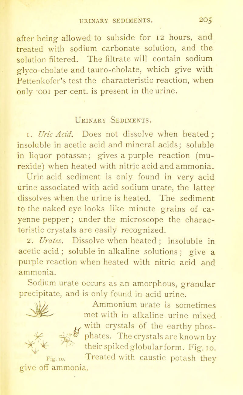 after being-allowed to subside for 12 hours, and treated with sodium carbonate solution, and the solution filtered. The filtrate will contain sodium glyco-cholate and tauro-cholate, which give with Pettenkofer's test the characteristic reaction, when only -001 per cent, is present in the urine. Urinary Sediments. 1. Uric Acid. Does not dissolve when heated; insoluble in acetic acid and mineral acids; soluble in liquor potassse; gives a purple reaction (mu- rexide) when heated with nitric acid and ammonia. Uric acid sediment is only found in very acid urine associated with acid sodium urate, the latter dissolves when the urine is heated. The sediment to the naked eye looks like minute grains of ca- yenne pepper; under the microscope the charac- teristic crystals are easily recognized. 2. Urates. Dissolve when heated ; insoluble in acetic acid ; soluble in alkaline solutions ; give a puiple reaction when heated with nitric acid and ammonia. Sodium urate occurs as an amorphous, g-ranular precipitate, and is only found in acid urine. Ammonium urate is sometimes met with in alkaline urine mixed ^^ with crystals of the earthy phos- phates. The crystals arc known by ^^'^ theirspikedglobularform. Fig. 10. Fig. ,0. Treated with caustic potash they give off ammonia.