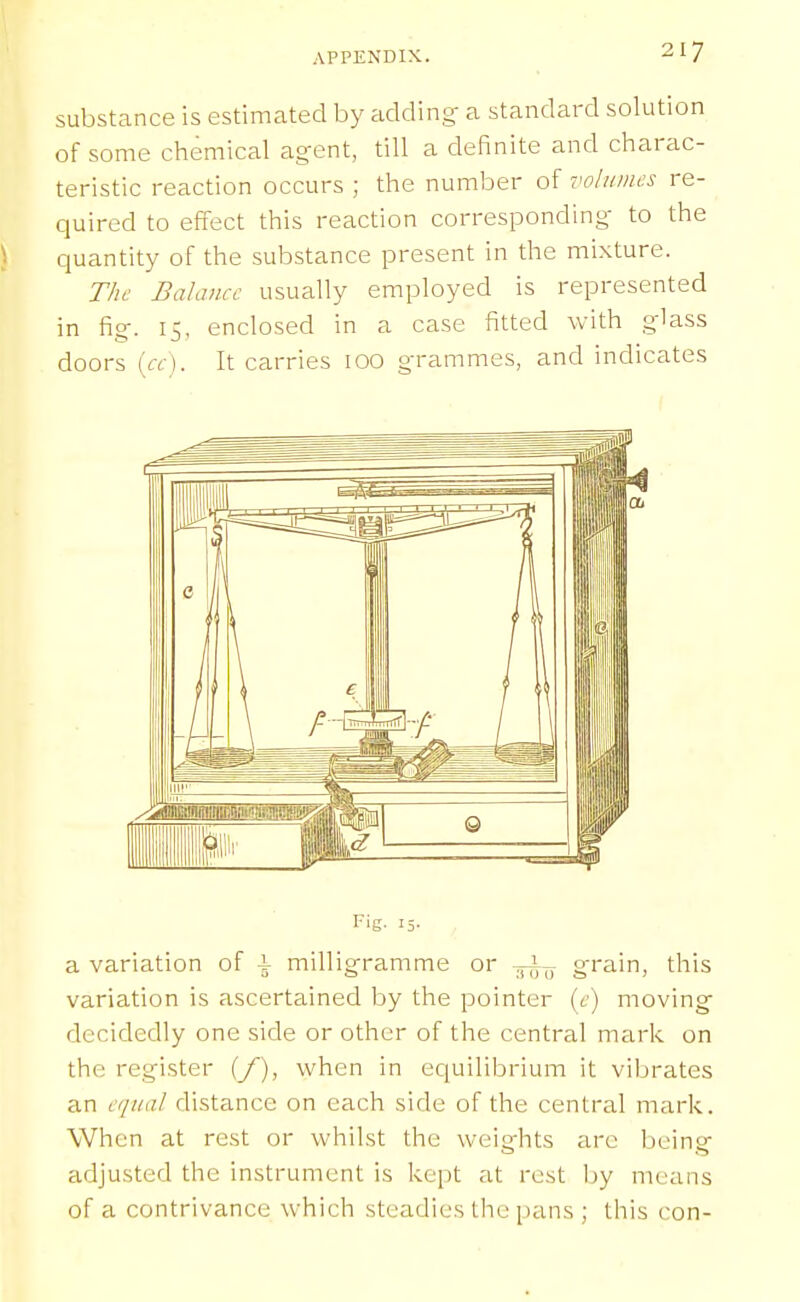 substance is estimated by adding a standard solution of some chemical ag-ent, till a definite and charac- teristic reaction occurs ; the number of volumes re- quired to effect this reaction corresponding- to the ) quantity of the substance present in the mixture. The Balance usually employed is represented in fig-. 15, enclosed in a case fitted with glass doors (a ). It carries 100 grammes, and indicates a variation of \ milligramme or -^-i^ grain, this variation is ascertained by the pointer (c) moving decidedly one side or other of the central mark on the register (_/), when in ecjuilibrium it vibrates an equal distance on each side of the central mark. When at rest or whilst the weights are being adjusted the instrument is kept at rest by means of a contrivance which steadies the pans ; this con-