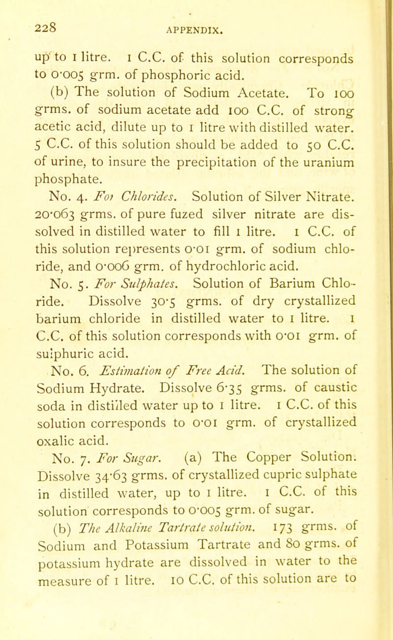 up to I litre, i C.C. of this solution corresponds to 0-005 g'lrn. of phosphoric acid. (b) The solution of Sodium Acetate. To lOO grms. of sodium acetate add lOO C.C. of strong acetic acid, dilute up to i litre with distilled water. 5 C.C. of this solution should be added to 50 C.C. of urine, to insure the precipitation of the uranium phosphate. No. 4. F01 Chlorides. Solution of Silver Nitrate. 20*063 grms. of pure fuzed silver nitrate are dis- solved in distilled water to fill i litre. i C.C. of this solution represents O'Oi grm. of sodium chlo- ride, and O'OoG grm. of hydrochloric acid. No. 5. For Sulphates. Solution of Barium Chlo- ride. Dissolve 30-5 grms. of dry crystallized barium chloride in distilled water to i litre. i C.C, of this solution corresponds with 00i grm. of sulphuric acid. No. 6. Estimation of Free Acid. The solution of Sodium Hydrate. Dissolve 6-35 grms. of caustic soda in distiiled water up to i litre, i C.C. of this solution corresponds to O'Oi grm. of crystallized oxalic acid. No. 7. For Sugar. (a) The Copper Solution. Dissolve 34'63 grms. of crystallized cupric sulphate in distilled water, up to i litre. i C.C. of this solution corresponds to 0-005 g''™- of sugar. (b) The Alkaline Tartrate solution. 173 grms. of Sodium and Potassium Tartrate and 80 grms. of potassium hydrate are dissolved in water to the measure of i litre. 10 C.C. of this solution are to