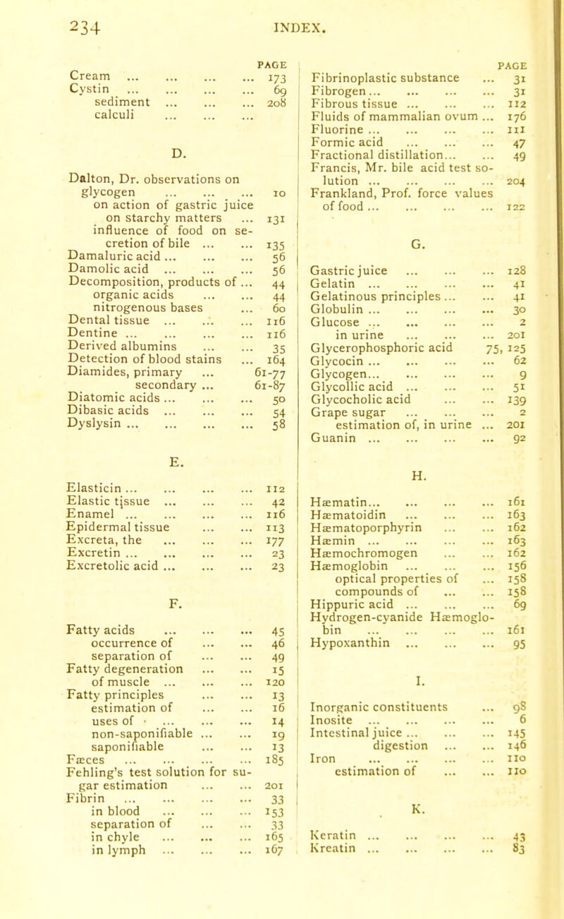 Cream Cystin sediment calculi Dalton, Dr. observations on glycogen on action of gastric juice on starchy matters ... 131 influence of food on se- cretion of bile Damaluric acid Damolic acid Decomposition, products of ... organic acids nitrogenous bases Dental tissue ... Dentine Derived albumins Detection of blood stains Diamides, primary secondary ... Diatomic acids Dibasic acids Dyslysin Elasticin 112 Elastic tjssue 42 Enamel 116 Epidermal tissue 113 Excreta, the 177 Excretin 23 Excretolic acid 23 Fatty acids 4S occurrence of 46 separation of 49 Fatty degeneration 15 of muscle 120 Fatty principles 13 estimation of 16 uses of • 14 non-saponifiable 19 saponifiable 13 FEEces 185 Fehling's test solution for su- gar estimation 2oi Fibrin 33 in blood 153 separation of 33 in chyle 165 in lymph 167 PAGE PAGE r ibnnoplastic substance 31 09 Fibrogen... 31 200 Fibrous tissue ... 112 Fluids of mammalian ovum ... 170 Fluorine ... III Formic acid 47 Fractional distillation... ... 49 Francis, Mr. bile acid test so- lution 204 10 Frankland, Prof, force values of food 122 135 G. 56 56 Gastric juice ... 128 44 Gelatin ... 41 44 Gelatinous principles ... ... 41 60 Globulin ... ... 30 116 Glucose 2 116 in urine ... 201 35 Glycerophosphoric acid 75, 125 164 Glycocin ... 62 61-77 Glycogen 9 61-87 Glycollic acid ... 51 so Glycocholic acid .-. 139 54 Grape sugar 2 58 estimation of, in urine ... 201 Guanin ... 92 H. Haematin Heematoidin Hasmatoporphyrin Hffimin ... Hffimochromogen Hasmoglobin optical properties of compounds of Hippuric acid Hydrogen-cyanide H^mogli bin Hypoxanthin I. Inorganic constituents Inosite Intestinal juice ... digestion Iron estimation of K. Keratin Kreatin 161 163 162 163 162 156 15S 15S 69 161 95 gS 6 J45 146 no no 43 83