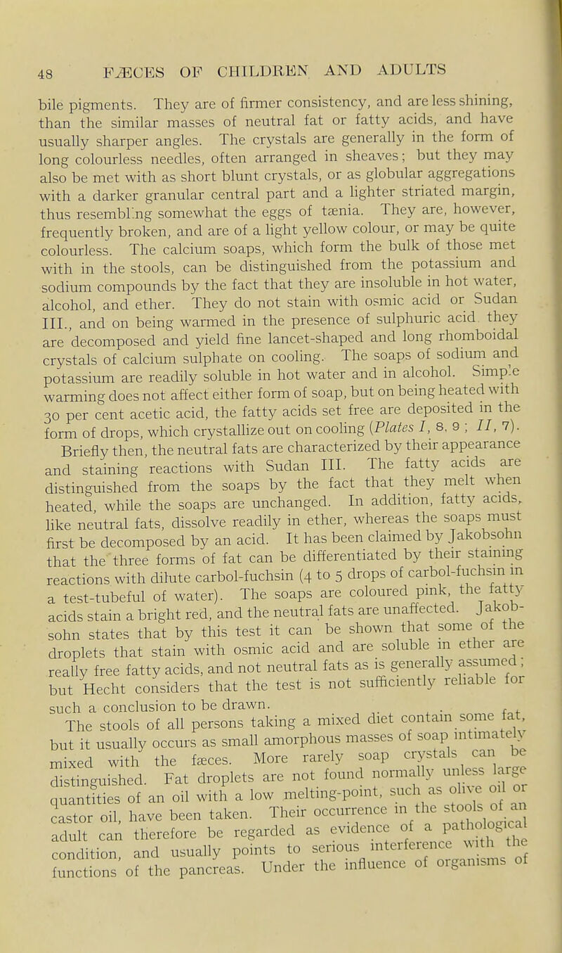 bile pigments. They are of firmer consistency, and are less shining, than the similar masses of neutral fat or fatty acids, and have usually sharper angles. The crystals are generally in the form of long colourless needles, often arranged in sheaves; but they may also be met with as short blunt crystals, or as globular aggregations with a darker granular central part and a hghter striated margin, thus resembr.ng somewhat the eggs of taenia. They are, however, frequently broken, and are of a light yellow colour, or may be quite colourless. The calcium soaps, which form the bulk of those met with in the stools, can be distinguished from the potassium and sodium compounds by the fact that they are insoluble in hot water, alcohol, and ether. They do not stain with osmic acid or Sudan III., and on being warmed in the presence of sulphuric acid they are decomposed and yield fine lancet-shaped and long rhomboidal crystals of calcimn sulphate on cooling. The soaps of sodmm and potassium are readily soluble in hot water and in alcohol. Simple warming does not affect either fonn of soap, but on being heated with 30 per cent acetic acid, the fatty acids set free are deposited m the form of drops, which crystallize out on cooling [Plates 7, 8, 9 ; 77, 7). Briefly then the neutral fats are characterized by their appearance and staining reactions with Sudan IH. The fatty acids are distinguished from the soaps by the fact that they melt when heated while the soaps are unchanged. In addition, fatty acids, like neutral fats, dissolve readily in ether, whereas the soaps must first be decomposed by an acid. It has been claimed by Jakobsohn that the'three forms of fat can be differentiated by their stammg reactions with dilute carbol-fuchsin (4 to 5 drops of carbol-fuchsin m a test-tubeful of water). The soaps are coloured pmk the fatty acids stain a bright red, and the neutral fats are unaffected. Jakob- sohn states that by this test it can be shown that some of the droplets that stain with osmic acid and are soluble m ether are really free fatty acids, and not neutral fats as is generally assumed, but Hecht considers that the test is not sufficiently rehable for such a conclusion to be drawn. . The stools of all persons taking a mixed diet contain some fat, but it usually occurs as small amorphous masses of soap intimately mixed with the f^ces. More rarely soap crystals can be distinguished. Fat droplets are not found normally unless large quantities of an oil with a low melting-point, such as olive oil or Castor oil. have been taken. Their occurrence m the ^00^ f adult can therefore be regarded as evidence of a Pathological condition, and usually points to serious -^erference w t^^^i^^ functions of the pancreas. Under the influence of organisms of