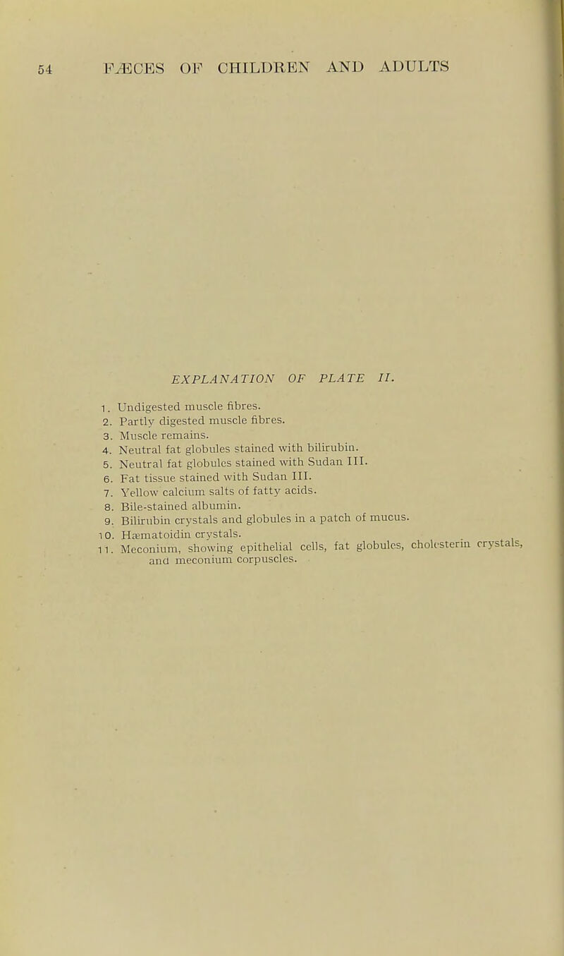 EXPLANATION OF PLATE II. 1. Undigested muscle fibres. 2. Partly digested muscle fibres. 3. Muscle remains. 4. Neutral fat globules stained with bilirubin. 5. Neutral fat globules stained with Sudan III. 6. Fat tissue stained with Sudan III. 7. Yellow calcium salts of fatt}^ acids. 8. Bile-stained albumin. 9. Bilirubm crystals and globules in a patch of mucus. 10. Hasmatoidin crystals. n. Meconium, showing epithelial cells, fat globules, cholesterm cry and meconium corpuscles.