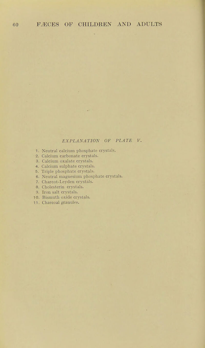 EXPLANATION OF PLATE V. 1. Neutral calcium phosphate crystals. 2. Calcium carbonate crystals. 3. Calcium oxalate crystals. 4. Calcium sulphate crystals. 5. Triple phosphate crystals. 6. Neutral magnesium phosphate crystals. 7. Charcot-Leyden crystals. 8. Cholesterin crystals. 9. Iron salt crystals. 10. Bismuth o.xide crystals. 11. Charcoal granules.