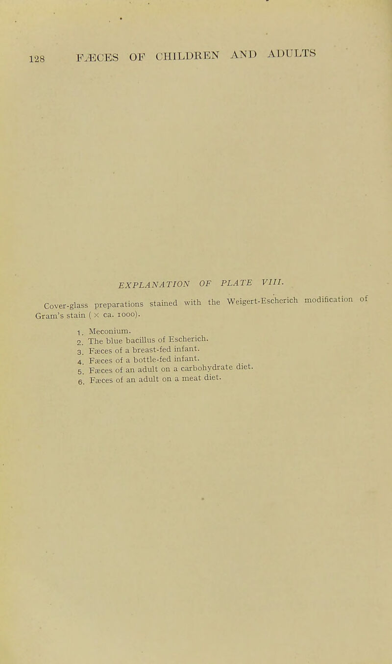 EXPLANATION OF PLATE VIII. Cover-glass preparations stained with the Weigert-Eschcrich modification of Gram's stain ( x ca. looo). 1. Meconium. 2. The blue bacillus of Escherich. 3. FEECes of a breast-fed infant. 4 Fajces of a bottle-fed infant. 5' Fc-eces of an adult on a carbohydrate diet. 6. Faces of an adult on a meat diet.