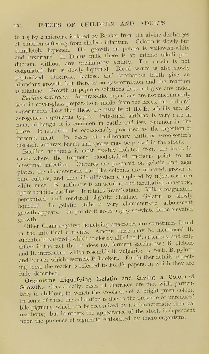 to 1-5 by 2 microns, isolated by Booker from the alvine discharges of children suffering from cholera infantum. Gelatin is slowly but completely hquefied. The growth on potato is yellowish-white and luxuriant. In litmus milk there is an mtense alkah pro- duction, without any preliminary acidity. The casern is not coagulated but is slowly hquefied. Blood serum is also slowly peptonized. Dextrose, lactose, and saccharose broth give an abundant growth, but there is no gas-formation and the reaction is alkaline Growth in peptone solutions does not give any mdol. Bacillus aw</?ra«s.—Anthrax-hke organisms are not uncommonly seen in cover-glass preparations made from the faeces, but cultural experiments show that these are usually of the B. subtihs and B. aerogenes capsulatus types. Intestinal anthrax is very rare m man although it is common in cattle and less common m the horse It is said to be occasionally produced by the ingestion of infected meat. In cases of puhnonary anthrax (woolsorter's disease), anthrax baciUi and spores may be passed in the stools. Bacillus anthracis is most readily isolated from the fseces m cases where the frequent blood-stained motions point to an intestinal infection. Cultures are prepared on gelatin and agar plates the characteristic hair-hke colonies are removed, grown in pure culture, and their identification completed by injections into white mice B. anthracis is an aerobic, and facultative anaerobic, spore-forming bacillus. It retains Gram's stain. Milk is coagulated, peptonized, and rendered shghtly alkaline. Gelatin is slowly liquefied In gelatin stabs a very characteristic arborescent growth appears. On potato it gives a greyish-white dense elevated growth. ^. , •, Other Gram-negative liquefying anaerobes are sometimes found in the intestinal contents. Among these may be mentioned B. subentericus (Ford), which is closely aUied to B. entericus and only differs in the fact that it does not ferment saccharose; R plebius and B. infrequens, which resemble B. vulgaris; B. recti, B. pylori, andB. c^ci, which resemble B. bookeri. For further details respect- ing these the reader is referred to Ford's papers, in which they are fully described. . , Organisms Liquefying Gelatin and Giving a Coloured Grovvth.-Occasionally, cases of diarrhoea are met with, particu- larly in children, in which the stools are of a bright-green colour^ In some of these the coloration is due to the presence of unreduced bile pigment, which can be recognized by its characteristic chemical reactions; but in others the appearance of the stools is dependent upon the presence of pigments elaborated by micro-organisms.