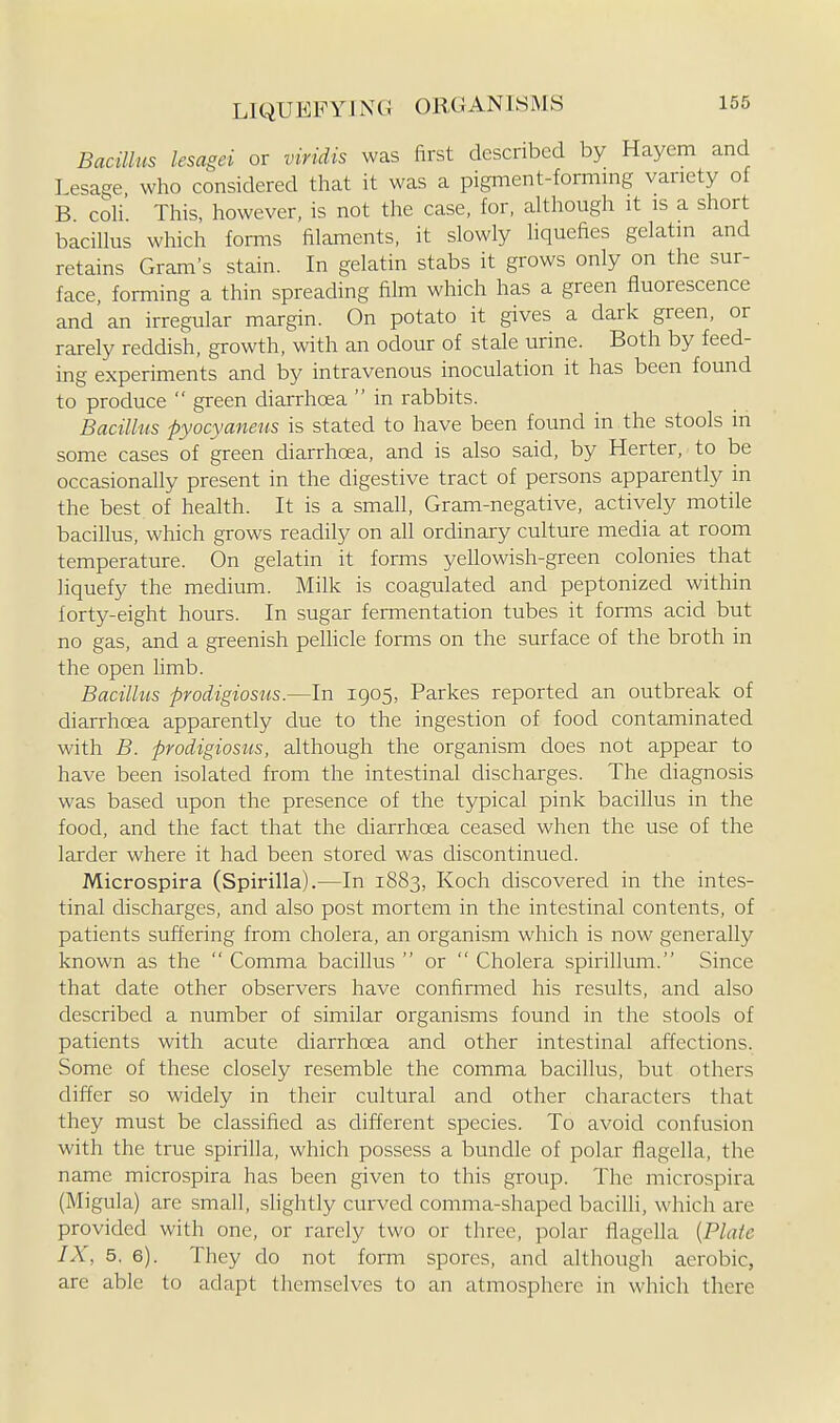 Bacillus lesagei or viridis was first described by Hayem and Lesage, who considered that it was a pignient-formnig variety of B coh. This, however, is not the case, for, although it is a short bacillus which forms filaments, it slowly liquefies gelatin and retains Gram's stain. In gelatin stabs it grows only on the sur- face, forming a thin spreading film which has a green fluorescence and'an irregular margin. On potato it gives a dark green, or rarely reddish, growth, with an odour of stale urine. Both by feed- ing experiments and by intravenous inoculation it has been found to produce  green diarrhoea  in rabbits. Bacilhts pyocyaneiis is stated to have been found in the stools in some cases of green diarrhoea, and is also said, by Herter, to be occasionally present in the digestive tract of persons apparently in the best of health. It is a small. Gram-negative, actively motile bacillus, which grows readily on all ordinary culture media at room temperature. On gelatin it forms yellowish-green colonies that liquefy the medium. Milk is coagulated and peptonized within forty-eight hours. In sugar fermentation tubes it forms acid but no gas, and a greenish peUicle forms on the surface of the broth in the open hmb. Bacillus prodigiosus.—In 1905, Parkes reported an outbreak of diarrhoea apparently due to the ingestion of food contaminated with B. prodigiosus, although the organism does not appear to have been isolated from the intestinal discharges. The diagnosis was based upon the presence of the typical pink bacillus in the food, and the fact that the diarrhoea ceased when the use of the larder where it had been stored was discontinued. Microspira (Spirilla).—In 1883, Koch discovered in the intes- tinal discharges, and also post mortem in the intestinal contents, of patients suffering from cholera, an organism which is now generally known as the  Comma bacillus  or  Cholera spirillum. Since that date other observers have confirmed his results, and also described a number of similar organisms found in the stools of patients with acute diarrhoea and other intestinal affections. Some of these closely resemble the comma bacillus, but others differ so widely in their cultural and other characters that they must be classified as different species. To avoid confusion with the true spirilla, which possess a bundle of polar flagella, the name microspira has been given to this group. The microspira (Migula) are small, slightly curved comma-shaped bacilli, which are provided with one, or rarely two or three, polar flagella {Plate IX, 5, 6). They do not form spores, and although aerobic, are able to adapt themselves to an atmosphere in which there