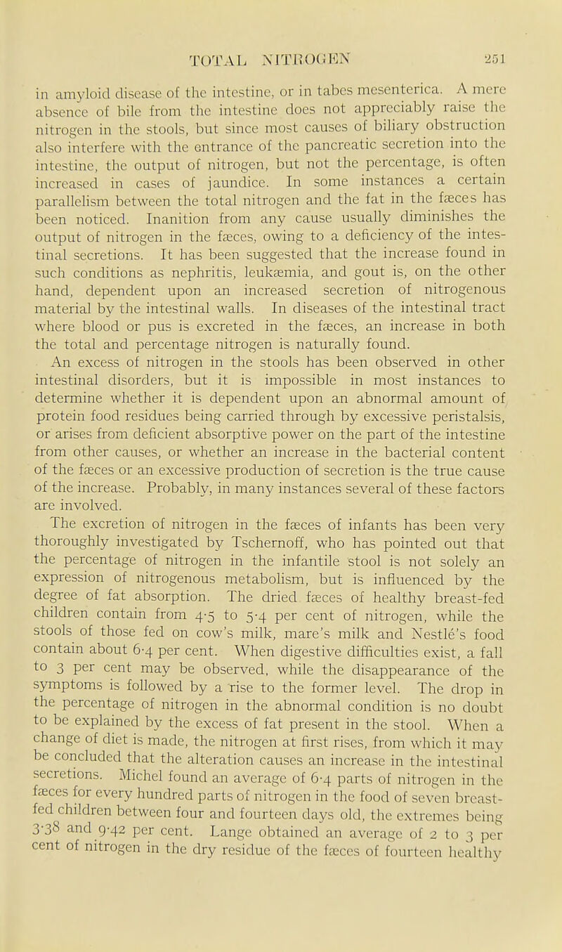 in amyloid disease of tlic intestine, or in tabes mesenterica. A mere absence of bile from tlic intestine does not appreciably raise the nitrogen in the stools, but since most causes of bihary obstruction also interfere with the entrance of the pancreatic secretion into the intestine, the output of nitrogen, but not the percentage, is often increased in cases of jaundice. In some instances a certain parallelism between the total nitrogen and the fat in the faeces has been noticed. Inanition from any cause usually diminishes the output of nitrogen in the fasces, owing to a deficiency of the intes- tinal secretions. It has been suggested that the increase found in such conditions as nephritis, leukeemia, and gout is, on the other hand, dependent upon an increased secretion of nitrogenous material by the intestinal walls. In diseases of the intestinal tract where blood or pus is excreted in the fasces, an increase in both the total and percentage nitrogen is naturally found. An excess of nitrogen in the stools has been observed in other intestinal disorders, but it is impossible in most instances to determine whether it is dependent upon an abnormal amount of protein food residues being carried through by excessive peristalsis, or arises from deficient absorptive power on the part of the intestine from other causes, or whether an increase in the bacterial content of the fjEces or an excessive production of secretion is the true cause of the increase. Probably, in many instances several of these factors are involved. The excretion of nitrogen in the fasces of infants has been very thoroughly investigated by Tschernoff, who has pointed out that the percentage of nitrogen in the infantile stool is not solely an expression of nitrogenous metabolism, but is influenced by the degree of fat absorption. The dried fajces of healthy breast-fed children contain from 4-5 to 5-4 per cent of nitrogen, while the stools of those fed on cow's milk, mare's milk and Nestle's food contain about 6-4 per cent. When digestive difficulties exist, a fall to 3 per cent may be observed, while the disappearance of the symptoms is followed by a rise to the former level. The drop in the percentage of nitrogen in the abnormal condition is no doubt to be explained by the excess of fat present in the stool. When a change of diet is made, the nitrogen at first rises, from which it may be concluded that the alteration causes an increase in the intestinal secretions. Michel found an average of 6-4 parts of nitrogen in the fasces for every hundred parts of nitrogen in the food of seven breast- fed children between four and fourteen days old, the extremes being 3-38 and 9-42 per cent. Lange obtained an average of 2 to 3 per cent of nitrogen in the dry residue of the faeces of fourteen healthy