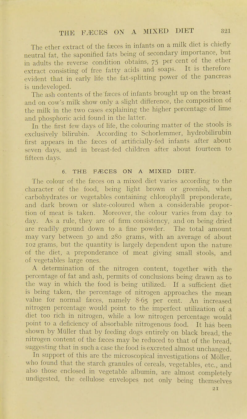 The ether extract of the ixces in infants on a milk diet is chiefly neutral fat, the saponified fats being of secondary importance, but in adults the reverse condition obtains, 75 per cent of the ether extract consisting of free fatty acids and soaps. It is therefore evident that in early life the fat-splitting power of the pancreas is undeveloped. The ash contents of the feces of infants brought up on the breast and on cow's milk show only a slight difference, the composition of the milk in the two cases explaining the higher percentage of lime and phosphoric acid found in the latter. In the first few days of life, the colouring matter of the stools is exclusively bilirubin. According to Schorlemmer, hydrobihrubin first appears in the fseces of artificially-fed infants after about seven days, and in breast-fed children after about fourteen to fifteen days. 6. THE F/ECES ON A MIXED DIET. The colour of the faeces on a mixed diet varies according to the character of the food, being light brown or greenish, when carbohydrates or vegetables containing chlorophyll preponderate, and dark brown or slate-coloured when a considerable propor- tion of meat is taken. Moreover, the colour varies from day to day. As a rule, they are of firni consistency, and on being dried are readily ground down to a fine powder. The total amount may vary between 30 and 280 grams, with an average of about 102 grams, but the quantity is largely dependent upon the nature of the diet, a preponderance of meat giving small stools, and of vegetables large ones. A determination of the nitrogen content, together with the percentage of fat and ash, permits of conclusions being drawn as to the way in which the food is being utilized. If a sufficient diet is being taken, the percentage of nitrogen approaches the mean value for normal fcEces, namely 8-65 per cent. An increased nitrogen percentage would point to the imperfect utilization of a diet too rich in nitrogen, while a low nitrogen percentage would point to a deficiency of absorbable nitrogenous food. It has been shown by Miiller that by feeding dogs entirely on black bread, the nitrogen content of the fcEces may be reduced to that of the bread, suggesting that in such a case the food is excreted almost unchanged. In support of this are the microscopical investigations of Moller, who found that the starch granules of cereals, vegetables, etc., and also those enclosed in vegetable albumin, are almost completely undigested, the cellulose envelopes not only being themselves 21