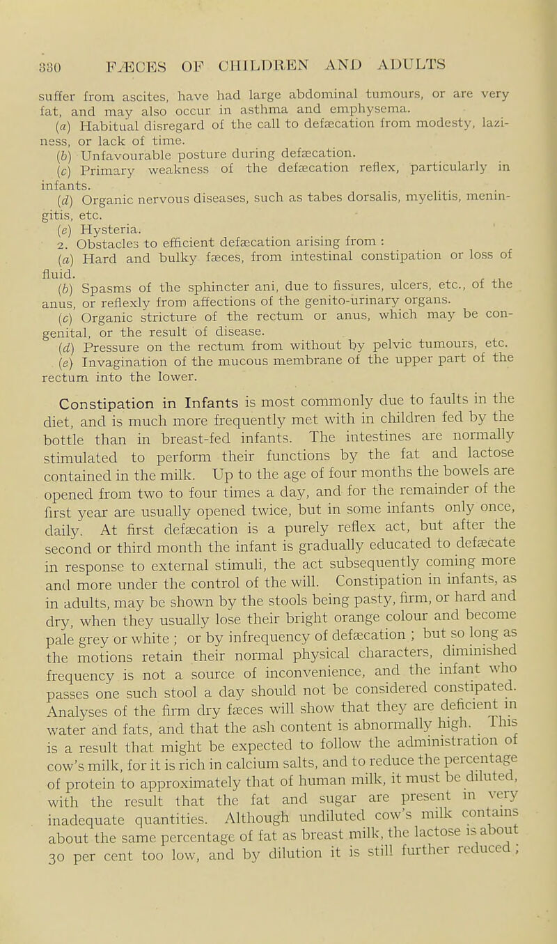 suffer from ascites, have had large abdominal tumours, or are very fat, and may also occur in asthma and emphysema. (a) Habitual disregard of the call to defaecation from modesty, lazi- ness, or lack of time. {b) Unfavourable posture during defalcation. (c) Primary weakness of the defaecation reflex, particularly in infants. (rf) Organic nervous diseases, such as tabes dorsalis, myelitis, menin- gitis, etc. (e) Hysteria. 2. Obstacles to efficient defajcation arising from : (a) Hard and bulky faeces, from intestinal constipation or loss of fluid. (5) Spasms of the sphincter ani, due to fissures, ulcers, etc., of the anus, or refiexly from affections of the genito-urinary organs. (c) Organic stricture of the rectum or anus, which may be con- genital, or the result of disease. (d) Pressure on the rectum from without by pelvic tumours, etc. (e) Invagination of the mucous membrane of the upper part of the rectum into the lower. Constipation in Infants is most commonly due to faults in the diet, and is much more frequently met with in children fed by the bottle than in breast-fed infants. The intestines are normally stimulated to perform their functions by the fat and lactose contained in the milk. Up to the age of four months the bowels are opened from two to four times a day, and for the remainder of the first year are usually opened twice, but in some infants only once, daily. At first defaecation is a purely reflex act, but after the second or third month the infant is gradually educated to defjecate in response to external stimuli, the act subsequently coming more and more under the control of the will. Constipation in infants, as in adults, may be shown by the stools being pasty, firm, or hard and dry, when they usually lose their bright orange colour and become pale grey or white ; or by infrequency of deftecation ; but so long as the motions retain their normal physical characters, dmiinished frequency is not a source of inconvenience, and the infant who passes one such stool a day should not be considered constipated. Analyses of the firm dry fteces will show that they are deficient m water and fats, and that the ash content is abnormally high. This is a result that might be expected to follow the administration of cow's milk, for it is rich in calcium salts, and to reduce the percentage of protein to approximately that of human milk, it must be diluted, with the result that the fat and sugar are present m very inadequate quantities. Although undiluted cow's milk contains about the same percentage of fat as breast milk, the lactose is about 30 per cent too low, and by dilution it is still further reduced ;