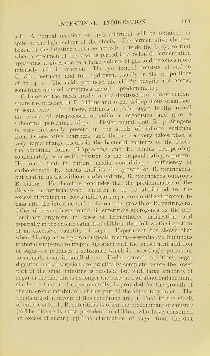 ash A normal reaction for hydrobilirubin will be obtained in spite of the light colour of the stools. The fermentative changes begun in the intestine continue actively outside the body, so that when a specimen of the stool is placed in a Schmidt fermentation apparatus, it gives rise to a large volume of gas and becomes more intensely acid in reaction. The gas formed consists of carbon dioxide, methane, and free hydrogen, usually in the proportions of 17^: 4:1. The acids produced are chiefly butyric and acetic, sometimes one and sometimes the other predominating. Cultures of the tseces made in acid dextrose broth may demon- strate the presence of B. bifidus and other acidophilous organisms in some cases. In others, cultures in plain sugar broths reveal an excess of streptococci or coliform organisms and give a subnormal percentage of gas. Tissier found that B. perfringens is very frequently present in the stools of infants suffering from fermentative diarrhoea, and that as recovery takes place a very rapid change occurs in the bacterial contents of the faeces, the abnormal forms disappearing and B. bifidus reappearing, to ultimately assume its position as the preponderating organism. He found that in culture media containing a sufficiency of carbohydrate, B. bifidus inhibits the growth of B. perfringens, but that in media without carbohydrate, B. perfringens outgrows B. bifidus. He therefore concludes that the predominance of the disease in artificially-fed children is to be attributed to the excess of protein in cow's milk causing more unutilized protein to pass into the intestine and so favour the growth of B. perfringens. Other observers have found B. enteritidis sporogenes as the pre- dominant organism in cases of fermentative indigestion, and especially in the enteric catarrh of children that follows the ingestion of an excessive quantity of sugar. Experiment has shown' that when this organism is grown in special media—essentially albuminous material subjected to tryptic digestion with the subsequent addition of sugar—it produces a substance which is exceedingly poisonous to animals, even in small doses. Under normal conditions, sugar digestion and absorption are practically complete before the lower part of the small intestine is reached, but with large amounts of sugar in the diet this is no longer the case, and an abnormal medium, similar to that used experimentally, is provided for the growth of the anaerobic inhabitants of this part of the alimentary tract. The points urged in favour of this conclusion are, (i) That in the stools of enteric catarrh, B. enteritidis is often the predominant organism ; (2) The disease is most prevalent in children who have consumed an excess of sugar ; (3) The elimination of sugar from the diet