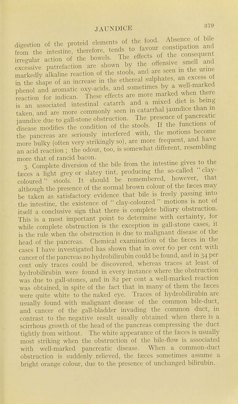 JAUNDICE ^■'^ aigestion of .he p.-o.e,d cc^ion and from tlie intestine, therefoie. tends to ravu 'Conseouent irregular ae.ion of the bowels. The efle ts of the con equen^ excessive putrefaction are shown by tlie onenbivc Lrkedly a'kaline reaction of the stools, and are seen m the unne in the shape of an n.crease in the ethereal sulphates an xcess phenol and aromatic oxy-acids, and sometnties a ^vdl marked Reaction for indican. These effects are more ^-arked wh n there is an associated intestinal catarrh and a mixed di^^ is bemg taken and are more commonly seen in catarrhal jaundice than m aundice due to gall-stone obstruction. The presence of pancreatic disease modifies the condition of the stools. If the functions of the pancreas are seriously interfered with, the motions become more bulky (often very strikingly so), are more frequent, and have an acid reaction ; the odour, too, is somewhat different, resembling more that of rancid bacon. • . ^t, 3 Complete diversion of the bile from the intestine gives to the f^ces a hght grey or slatey tint, producing the so-called clay- coloured  stools. It should be remembered, however, that although the presence of the normal brown colour of the faeces may be taken as satisfactory evidence that bile is freely passmg into the intestine, the existence of  clay-coloured  motions is not of itself a conclusive sign that there is complete bihary obstruction. This is a most important point to determine with certainty, for while complete obstruction is the exception in gall-stone cases, it is the rule when the obstruction is due to malignant disease of the head of the pancreas. Chemical examination of the faeces in the cases I have investigated has shown that in over 60 per cent with cancer of the pancreas no hydrobilirubin could be found, and in 34 per cent only traces could be discovered, whereas traces at least of hydrobilirubin were found in every instance where the obstruction was due to gall-stones, and in 82 per cent a well-marked reaction was obtained, in spite of the fact that in many of them the fcEces were quite white to the naked eye. Traces of hydrobilirubin are usually found with mahgnant disease of the common bile-duct, and cancer of the gall-bladder invading the common duct, in contrast to the negative result usually obtained when there is a scirrhous growth of the head of the pancreas compressing the duct tightly from without. The white appearance of the fasces is usually most striking when the obstruction of the bile-flow is associated with well-marked pancreatic disease. When a common-duct obstruction is suddenly relieved, the fasces sometimes assume a bright orange colour, due to the presence of unchanged bilirubin.