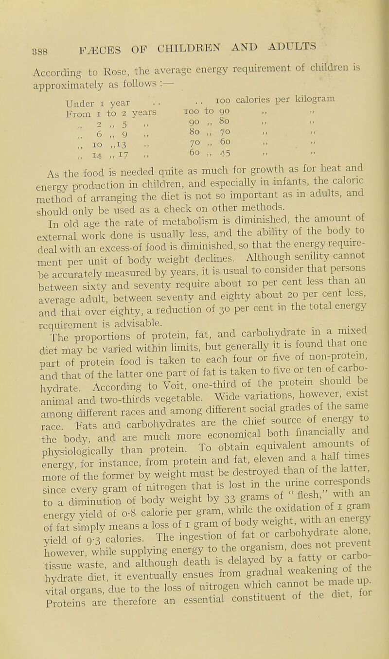 According to Rose, the average energy requirement of children is approximately as follows :— Under i year . . . . loo calories per kilogram From I to 2 years loo to go 2 ,, 5 ,. go ,, Bo 6 g 8o ,, 70 10 .,13 70 60 ,, 14 17 60 ,, 45 As the food is needed quite as much for growth as for heat and energy production in children, and especially in infants, the caloric method of arranging the diet is not so important as m adults, and should only be used as a check on other methods. In old age the rate of metabohsm is diminished, the amount of external work done is usually less, and the abihty of the body to deal with an excess-of food is diminished, so that the energy require- ment per unit of body weight declines. Although senihty cannot be accurately measured by years, it is usual to consider that persons between sixty and seventy require about 10 per cent less than an average adult, between seventy and eighty about 20 per cent less, and that over eighty, a reduction of 30 per cent in the total energy requirement is advisable. , -, , • -a The proportions of protein, fat, and carbohydrate in a mixed diet may be varied within limits, but generally it is found that one part of protein food is taken to each four or five of non-protem, and that of the latter one part of fat is taken to five or ten of carbo- hydrate. According to Voit, one-third of the protem should be animal and two-thirds vegetable. Wide variations, however e^st among different races and among different social grades of the same race Fats and carbohydrates are the chief source of energy to thrbody, and are much more economical both financially and physiologically than protem. To obtain equivalent amou-^o energy, for instance, from protein and fat, eleven and a haW times more'of the former by weight must be destroyed than o t^^ lat er since every gram of nitrogen that is lost m -yme corre^o^^^^^^ to a diminution of body weight by 33 grams of /uth an enerev yield of o-8 calorie per gram, while the oxidation of i gram of fafsimply means a loss oi x gram of body -ght -^^^ yield of 9-3 calories. The ingestion of fat or ^^^^^ohydi ate alone however, while supplying energy to organism, doe not preve^^^^^ tissue waste, and although death is delayed by a fatty or caibo hydrate diet it eventually ensues from gradual weakenin of the vLl organs, due to the loss of nitrogen which cannot be made up^ Proteins are therefore an essential constituent of the diet,