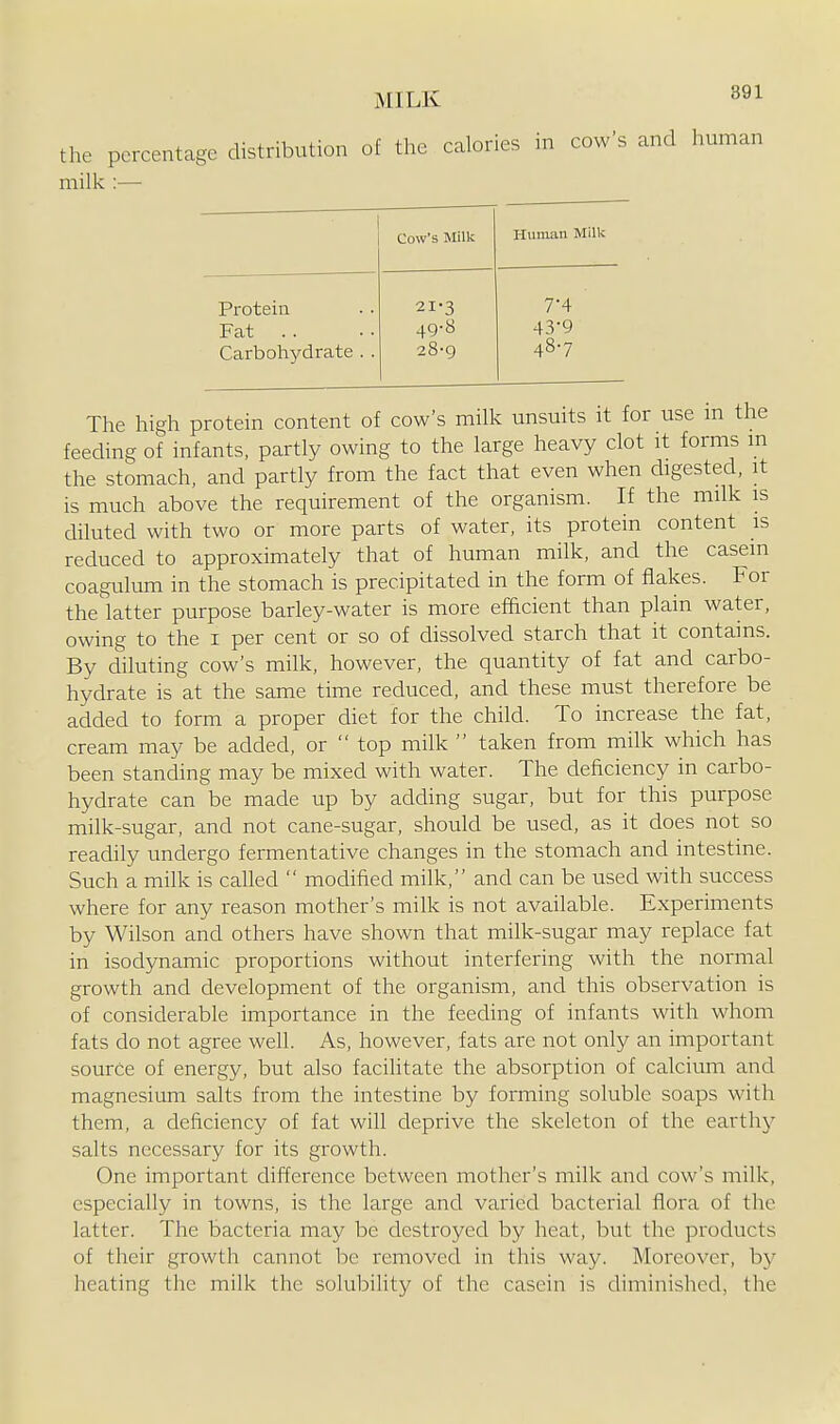 the percentage distribution of the calories in cow's and human milk :— Cow's Milk Human Milk Protein Fat .. Carbohydrate . . 21'3 49-8 28-9 7-4 43-9 487 The high protein content of cow's milk unsuits it for use m the feeding of infants, partly owing to the large heavy clot it forms m the stomach, and partly from the fact that even when digested, it is much above the requirement of the organism. If the milk is diluted with two or more parts of water, its protein content is reduced to approximately that of human milk, and the casein coagulum in the stomach is precipitated in the form of flakes. For the latter purpose barley-water is more efhcient than plain water, owing to the i per cent or so of dissolved starch that it contains. By diluting cow's milk, however, the quantity of fat and carbo- hydrate is at the same time reduced, and these must therefore be added to form a proper diet for the child. To increase the fat, cream may be added, or  top milk  taken from milk which has been standing may be mixed with water. The deficiency in carbo- hydrate can be made up by adding sugar, but for this purpose milk-sugar, and not cane-sugar, should be used, as it does not so readily undergo fermentative changes in the stomach and intestine. Such a milk is called  modified milk, and can be used with success where for any reason mother's milk is not available. Experiments by Wilson and others have shown that milk-sugar may replace fat in isodynamic proportions without interfering with the normal growth and development of the organism, and this observation is of considerable importance in the feeding of infants with whom fats do not agree well. As, however, fats are not only an important source of energy, but also facilitate the absorption of calcium and magnesium salts from the intestine by forming soluble soaps with them, a deficiency of fat will deprive the skeleton of the earthy salts necessary for its growth. One important difference between mother's milk and cow's milk, especially in towns, is the large and varied bacterial flora of the latter. The bacteria may be destroyed by heat, but the products of their growth cannot be removed in this way. Moreover, by heating the milk the solubility of the casein is diminished, the