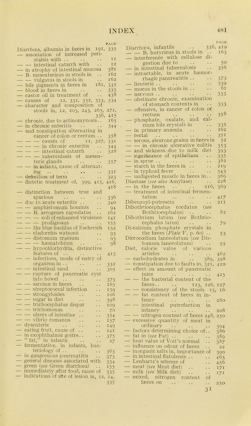 Diarrhiioa, albumin in txces in 191 — association of increased peri stalsis with .. intestinal catarrh with — in atrophy of intestinal mucosa — B. mesentericus in stools in vulgatus in stools in — bile pigments in fa)ces in 181, — blood in faeces in — castor oil in treatment of — causes of 12, 331, 332, 333, — character and composition of stools in, 12, 203, 243, 265, .336, — chronic, due to actinomycosis.. — in chronic enteritis — and constipation alternating in cancer of colon or rectum .. causes of 11, 327, in chronic enteritis intestinal catarrh tuberculosis of mesen- teric glands in infants, cause of alternat- ing — definition of term — dietetic treatment of, 399, 415, — distinction between true and spurious — due to acute enteritis .. amphistomum hominis B. aerogenes capsulatus — coli of enhanced virulence prodigiosus the blue bacillus of Escherich cladorchis watsonii distomum crasSum hffimatobium — — hypochlorhydria, distinctive features of .. —• — infections, mode of entry of organism in .. • intestinal sand rupture of pancreatic cyst into bowel .. sarcinse in fajces • streptococcal infection strongyloides sugar in diet trichocephalus dispar — —■ trichomonas ulcers of intestine .. — — vibrio romanus — dysenteric — eating fruit, cause of .. — in exophthalmic goitre.. —  fat, in infants — fermentative, in infants, bac- teriology of . . — in gangrenous pancreatitis —• general diseases associated with — green {see Green diarrhneal — immediately after food, cause of — indications of site of lesion in, 12, PACK 335 II 12 381 162 162 335 335 438 334 271. 415 165 344 358 331 344 326 357 331 323 416, 418 336 340 94 162 141 155 152 93 93 98 415 332 305 373 165 159 106 398 109 70 354 157 149 141 375 27 363 373 334 155 335 . 14. 335 PACK Diarrhoea, infantile .. 336, 419 B. butyricus in stools in .. 163 — interference with cellulose di- gestion due to — in intestinal tuberculosis — intractable, in acute hemor- rhagic pancreatitis .. — lienteric .. .... .. 339 — mucus in the stools in .. — nervous .. — obstinate chronic, examination of stomach contents in — offensive, in cancer of colon or rectum —• phosphate, oxalate, and cal- cium bile crystals in — in primary aniemia — rectal .. .. .. • • — serous, aleurone grains in faces in in chronic ulcerative colitis — and sickness due to milk diet — significance of epithelium — in sprue .. — starch in the fasces in .. — in typhoid fever — undigested muscle in fseces in. . Diastase (see also Amylase) — in the iseces .. .. 216, —■ treatment of intestinal fermen- tation Dibenzoyl-putrescin Dibothriocephalus cordatus (see Bothriocephalus) Dibothrium latum (see Bothrio- cephalus latus) Di-calcium phosphate crystals in the faces (Plate V, p. 60) .. Dicrocoelium lanceolatum (see Dis- tomum lanceolatum) Diet, calorie vahie of various articles — carbohydrates in .. 389, — constipation due to faults in, 32s, 420 — effect on amount of pancreatic juice 425 the bacterial content of the fasces.. .. 123, 126,127 — — consistency of the stools 15, i5 fat content of faeces in in- fancy .. .. .. 260 intestinal putrefaction in infancy .. .. .. 208 nitrogen content of fasces 248, 250 —■ excessive quantity of meat in ordinary — factors determining choice of.. — fat in (see Fat) . . — heat value of Volt's normal . . — influence on odour of faces — inorganic salts in, importance of — in intestinal flatulence .. — Lenhartz's scheme of — meat (see Meat diet) — milk (see Milk diet) — mixed, nitrogen content of fa3ces on .. 50 356 373 61 333 333 358 335 162 351 52 353 393 335 382 219 343 369 228 369 417 211 79 53 462 398 394 386 3S9 387 22 390 463 456 171 171 250 31