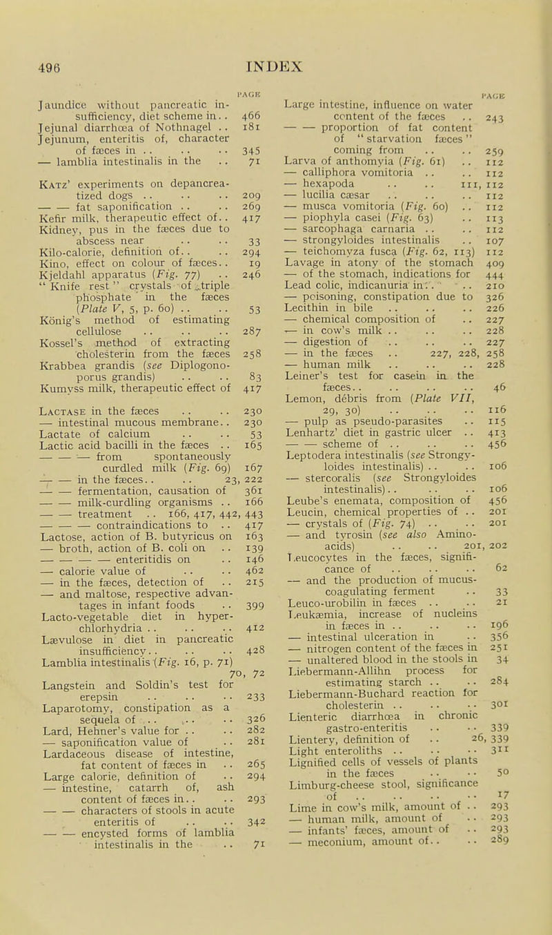 i'Ac;r£ Jaundice without pancreatic in- sufficiency, diet sclieme in. . 466 Jejunal diarrlioaa of Nothnagel .. 181 Jejunum, enteritis of, ciiaracter of fa3ces in .. .. .. 345 — lamblia intestinalis in the .. 71 Katz' experiments on depancrea- tized dogs .. .. .. 209 fat saponification . . .. 269 Kefir millv, therapeutic effect of.. 417 Kidne}', pus in the faces due to abscess near .. . . 33 Kilo-calorie, definition of.. .. 294 Kino, effect on colour of fasces.. 19 Kjeldahl apparatus {Fig. 77) .. 246  Knife rest  crystals of ,.,triple phosphate ' in the fseces {Plate V, 5, p. 60) .. .. 53 Konig's method of estimating cellulose .. .. .. 287 Kossel's method of extracting cholesterin from the faBces 258 Krabbea grandis {see Diplogono- porus grandis) .. . . 83 Kumyss milk, therapeutic effect of 417 Lactase in the faeces .. .. 230 — intestinal mucous membrane.. 230 Lactate of calcium .. .. 53 Lactic acid bacilli in the faeces .. 165 — from spontaneously curdled milk [Fig. 69) 167 in the faeces.. .. 23, 222 — fermentation, causation of 361 milk-curdling organisms .. i65 treatment .. 166, 417, 442, 443 contraindications to .. 417 Lactose, action of B. butyricus on 163 — broth, action of B. coli on . . 139 enteritidis on .. 146 — calorie value of .. • • 462 — in the faeces, detection of .. 215 — and maltose, respective advan- tages in infant foods .. 399 Lacto-vegetable diet in hyper- chlorhydria .. .. . ■ 412 Lsevulose in diet in pancreatic insufficiency.. .. .. 428 Lamblia intestinalis (Fig. 16, p. 71) 70, 72 Langstein and Soldin's test for erepsin .. .. • • 233 Laparotomy, constipation as a sequela of . . ■ ■ • 326 Lard, Hehner's value for .. .. 282 — saponification value of .. 281 Lardaceous disease of intestine, fat content of fajces in .. 265 Large calorie, definition of .. 294 — intestine, catarrh of, ash content of f^ces in.. .. 293 characters of stools in acute enteritis of .. .. 342 encysted forms of lamblia intestinalis in the .. 71 I'AGE Large intestine, influence on water content of the faeces .. 243 proportion of fat content of  starvation fajces coming from . . .. 259 Larva of anthomyia {Fig. 61) .. 112 — calliphora vomitoria .. .. 112 — hexapoda .. .. 111,112 — lucilia caesar .. .. .. 112 — musca vomitoria (Fig. 60) .. 112 — piophyla casei (Fig. 63) .. 113 — sarcophaga carnaria .. .. 112 — strongyloides intestinalis .. 107 — teichomyza fusca {Fig. 62, 113) 112 Lavage in atony of the stomach 409 — of the stomach, indications for 444 Lead colic, indicanuria in';. ' .. 210 — poisoning, constipation due to 326 Lecithin in Ijile .. .. .. 226 — chemical composition of .. 227 — in cow's milk .. .. .. 228 — digestion of .. .. .. 227 — in the faeces . . 227, 228, 258 — human milk .. .. .. 228 Leiner's test for casein in. the faeces.. .. .. .. 46 Lemon, debris from {Plate VII, 29, 30) 6 — pulp as pseudo-parasites .. 115 Lenhartz' diet in gastric ulcer .. 413 scheme of .. .. .. 456 Leptodera intestinalis {see Strongy- loides intestuialis) .. .. 106 — stercoralis {see Strongyloides intestinalis).. .. .. 106 Leube's enemata, composition of 456 Leucin, chemical properties of .. 201 — crystals of {Fig. 74) .. .. 201 — and tvrosin {see also Amino- acids) .. .. 201, 202 Leucocytes in the faeces, signifi- cance of . . .. . . 62 — and the production of mucus- coagulating ferment .. 33 Leuco-urobilin in faeces .. .. 21 Leukaemia, increase of nucleins in faeces in .. .. . • 196 — intestinal ulceration in .. 356 — nitrogen content of the faeces in 251 — unaltered blood in the stools in 34 Liebermann-Allihn process for estimating starch .. • • 2S4 Liebermann-Buchard reaction for cholesterin .. •• • • 3°! Lienteric diarrhoea in chronic gastro-enteritis .. • • 339 Lientery, definition of .. 26, 339 Light enteroliths .. .. •• 3 Lignified cells of vessels of plants in the faaces . • • • 5° Limburg-cheese stool, significance of 17 Lime in cow's milk, amount of .. 293 — human milk, amount of . • 293 — infants' fa;ces, amount of .. 293 —• meconium, amount of.. •• 289