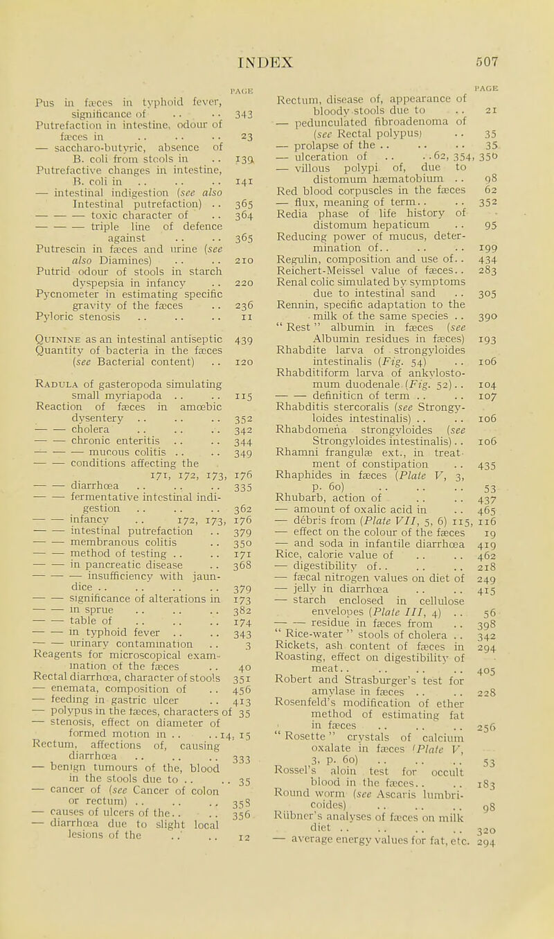 Pus in fii'ces in typhoid fever, sigiiiticance of .. • • 343 Putrefaction in intestine, odour of fa'ccs in .. .. .. 23 — saccharo-but\Tic, absence of B. coli from stools in .. 1391 Putrefactive changes in intestine, B. coH in 141 — intestinal indigestion {see also Intestinal putrefaction) .. 365 toxic character of .. 364 triple line of defence against .. .. 365 Putrescin in faeces and urine {see also Diamines) .. .. 210 Putrid odour of stools in starch dyspepsia in infancy . . 220 Pycnometer in estimating specific gravity of the fa;ces .. 236 Pyloric stenosis . . .. .. 11 Quinine as an intestinal antiseptic 439 Quantity of bacteria in the fa:ces {see Bacterial content) .. 120 Radula of gasteropoda simulating small myriapoda . . .. 115 Reaction of faeces in amoebic dysentery .. .. .. 352 cholera .. .. .. 342 — — chronic enteritis . . .. 344 — ■ mucous colitis .. .. 349 conditions affecting the 171, 172, 173, 176 diarrhcea .. .. .. 335 fermentative intestinal indi- gestion .. .. .. 362 infancy 172, 173. 176 intestinal putrefaction membranous colitis method of testing . . in pancreatic disease insufficiency with jaun- dice .. significance of alterations in in sprue table of in typhoid fever • urinary contammation Reagents for microscopical exam- mation of the freces Rectal diarrhoea, character of stools — enemata, composition of — feedmg in gastric ulcer ■— polypus in the ta3ces, characters of 35 — stenosis, effect on diameter of formed motion m .. -.14, 15 Rectum, affections of, causing diarrhoea — benign tumours of the, blood in the stools due to .. — cancer of {see Cancer of colon or rectum) .. — causes of ulcers of the.. — diarrhoea due to slight local lesions of the 379 350 171 368 379 173 382 174 343 3 40 351 456 413 333 • 35 33 S 356 Rectum, disease of, appearance of bloody stools due to .. 21 — pedunculated fibroadenoma of {sec Rectal polypusi .. 35 — prolapse of the .. .. .. 35 — ulceration of .. ..62,354,350 — villous polypi of, due to distomum hajmatobium .. 98 Red blood corpuscles in the faces 62 — flux, meaning of term.. .. 352 Redia phase of life history of distomum hepaticum .. 95 Reducing power of mucus, deter- mination of.. .. .. 199 Regulin, composition and use of.. 434 Reichert-Meissel value of fasces.. 283 Renal colic simulated by symptoms due to intestinal sand .. 305 Rennin, specific adaptation to the . milk of the same species .. 390  Rest albumin in faeces {see Albumin residues in faeces) 193 Rhabdite larva of strongyloides intestinalis {Fig. 54) .. 106 Rhabditiform larva of ankylosto- mum duodenale {Fig. 52).. 104 definition of term .. . . 107 Rhabditis stercoralis {see Strong>'- loides intestinalis) .. . . 106 Rhabdomena strongyloides {see Strongyloides intestinalis).. 106 Rhamni frangulae ext., in treat- ment of constipation .. 435 Rhaphides in faeces {Plate V, 3, P- 60) 53 Rhubarb, action of . . . . 437 — amount of oxalic acid in . . 465 — debris from {Plate VII, 5, 6) 115, 116 — effect on the colour of the faces ig —- and soda in infantile diarrhoea 419 Rice, calorie value of . . .. 462 — digestibility of.. .. .. 218 — fecal nitrogen values on diet of 249 — jelly in diarrhoea . . .. 415 — starch enclosed in cellulose envelopes {Plate III, 4) . . 56 residue in fasces from .. 398  Rice-water  stools of cholera .. 342 Rickets, ash content of faces in 294 Roasting, effect on digestibilitv of meat.. 405 Robert and Strasburger's test for amylase in faces . . .. 228 Rosenfeld's modification of ether method of estimating fat in faces .. .. . . 255  Rosette crystals of calcium oxalate in faces 'Plate V, 3. P- 60) ^3 Rosscl s aloin test for occult blood in the faces.. .. 1S3 Round worm {see Ascaris lumbri- coides) .. . . . , g8 Rubncr's analyses of faces on milk diet 320 — a\ erage energy values for fat, etc. 294