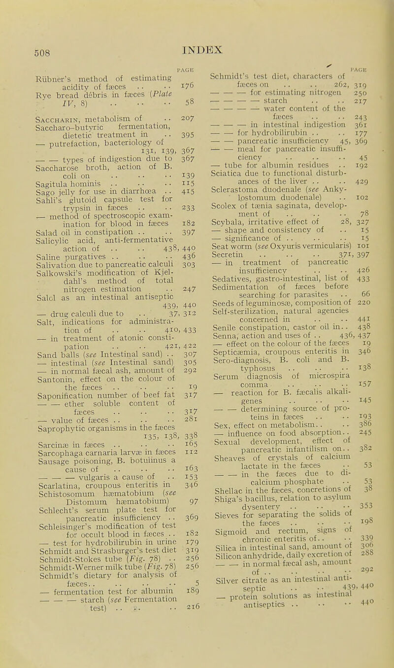 PAc;i2 Rubner's method of estimating acidity of fasces .. • ■ 176 Rye bread debris in fffices [Plate IV, 8) 58 Saccharin, metabolism of . ■ 207 Saccharo-but^^ric fermentation, dietetic treatment in .. 395 — putrefaction, bacteriology of 131, 139. 367 types of indigestion due to 367 Saccharose broth, action of B. coli on . . ■ • • • 139 Sagitula hominis .. •■ •■ 115 Sago jellv for use in diarrhoea . . 415 Sahli's glutoid capsule test for trvpsin in fa3ces . . . . 233 — method of spectroscopic exam- ination for blood in fasces 182 Salad oil in constipation .. . . 397 Salicylic acid, anti-fermentative action of .. .. 438, 44° Saline purgatives .. .. • • 436 Salivation due to pancreatic calculi 303 Salkovvski's modification of Kjel- dahl's method of total nitrogen estimation . . 247 Salol as an intestinal antiseptic 439. 440 — drug calculi due to . . 37. 312 Salt, indications for administra- tion of . . ■ ■ 410, 433 — in treatment of atonic consti- pation .. . ■ 421, ^122 Sand balls (see Intestinal sand) . . 307 — intestinal (see Intestinal sand) 305 — in normal faecal ash, amount of 292 Santonin, effect on the colour of the faces .. • ■ ■ • iQ Saponification number of beef fat 317 ether soluble content of faeces 3i7 — value of faces . . . . • • 281 Saprophvtic organisms in the faeces 135. 138, 338 Sarcinae in faeces .. . • • • 165 Sarcophaga carnaria larvae in fasces 112 Sausage poisoning, B. botuiinus a cause of .. • • •• 163 vulgaris a cause of .. 153 Scarlatina, croupous enteritis in 346 Schistosomum haematobium {see Distomum haematobium) 97 Schlecht's serum plate test for pancreatic insufficiency . . 369 Schleisinger's modification of test for occult blood in fasces .. 182 — test for hvdrobilirubin in urine 179 Schmidt and Strasburger's test diet 319 Schmidt-Stokes tube (Ffg. 78) .. 256 Schmidt-Werner milk tube [Fig. 78) 256 Schmidt's dietary for analysis of faces.. .. ■ • • • 5 — fermentation test for albumin 189 starch (see Fermentation test) .. ^. ..216 Schmidt's test diet, characters of fasces on .. .. 262, 319 for estimating nitrogen 250 ■—■ — starch .. .. 217 — ■—• water content of the fasces .. .. 243 -in intestinal indigestion 361 for hydrobilirubin . . .. 177 — — pancreatic insufiiciency 45, 369 — •— meal for pancreatic insuffi- ciency .. .. .. 45 — tube for albumin residues .. 192 Sciatica due to functional disturb- ances of the liver .. .. 429 Sclerastoma duodenale (see Anky- lostomum duodenale) .. 102 Scolex of tasnia saginata, develop- ment of . . .. . • 78 Scybala, irritative effect of 28, 327 — shape and consistency of .. 15 — significance of .. . . • • 15 Seat worm (see Oxyuris vermicularis) loi Secretin 37i, 397 — in treatment of pancreatic insufficiency .. ■ ■ 426 Sedatives, gastro-intestinal, list of 433 Sedimentation of fasces before searching for parasites .. 66 Seeds of leguminosas, composition of 220 Self-sterilization, natural agencies concerned in . . .. 441 Senile constipation, castor oil in.. 438 Senna, action and uses of .. 436, 437 — effect on the colour of the faeces 19 Septicaemia, croupous enteritis in 346 Sero-diagnosis, B. coli and B. tvphosus . . .• •• 138 Serum 'diagnosis of microspura comma . . • . ■ ■ i57 — reaction for B. fascalis alkali- genes .. ■• • • 145 determining source of pro- teins in fasces . . • ■ i93 Sex, effect on metabolism.. .. 386 — influence on food absorption.. 245 Sexual development, effect of pancreatic infantilism on.. 382 Sheaves of crystals of calcium lactate in the fasces ■ • 53 in the fasces due to di- calcium phosphate . • 53 Shellac in the fasces, concretions of 38 Shiga's bacillus, relation to asylum dvsenterv .. ■ • • • 353 Sieves for separating the solids of the fasces .198 Sigmoid and rectum, signs of chronic enteritis of. • • • 339 Silica in intestinal sand, amount of 306 Silicon anhvdride, daily excretion of aSb in normal faecal ash, amount of •.• 292 Silver citrate as an intestinal anti- septic .. •• .439-440 — protein solutions as intestinal antiseptics .. • • • •