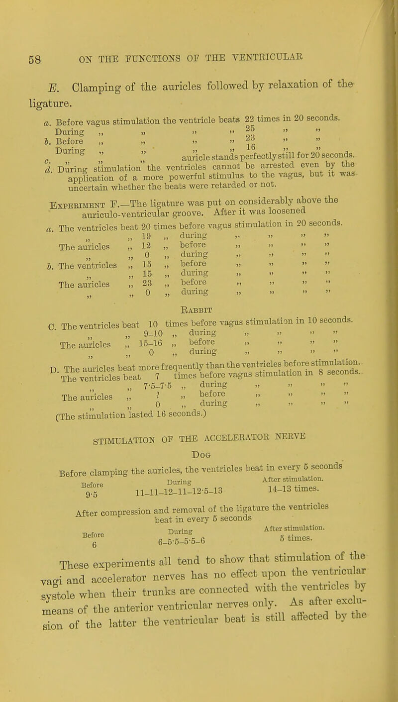 E. Clamping of the auricles followed by relaxation of the- ligature. a. Before vagus stimulation the ventricle beats 22 times in 20 seconds. During „ ,. ..  ^5 „ .. h. Before „ „ .. » During „ „ auricle stands perfectly still for 20 seconds. (i During stimulation the ventricles cannot be arrested even by the ■ application of a more powerful stimulus to the vagus, but it was- uncertain -whether the beats were retarded or not. Experiment F.—The ligature was put on considerably above tlie auriculo-ventricnlar groove. After it was loosened a The ventricles beat 20 times before vagus stimulation in 20 seconds. „ 19 „ during The auricles „ 12 „ before „ „ 0 „ dm-ing h. The ventricles „ 15 „ before „ „ 15 „ during The auricles „ 23 „ before „ 0 „ during Eabbit C The ventricles beat 10 times before vagus stimulation in 10 seconds. 9_10 „ during Theau!^icles „ 15-16 „ before „ 0 „ durmg D The amides beat more frequently than the ventricles before stimulation. The ventricles beat 7 times before vagus stimulation m 8 seconds. „ 7-5-7-5 „ during The articles „ ? l^efore „  0 „ durmg „ >.   (The stimulation lasted 16 seconds.) STIMULATION OF THE ACCELERATOR NERVE Dog Before clamping the auricles, the ventricles beat in every 5 seconds Before During iTf^twf' 9.5 ll_ll-12-ll-12-5-13 14-13 times. After compression and removal of the ligature the ventricles beat in every 5 seconds Before After stimulation. 6 6-5-5-5-6-6 5 times. These experiments all tend to show that stimulation of the vagi and accelerator nerves has no effect upon the ventncu ax systole when their trunks are connected with the ven ricles by means of the anterior ventricular nerves only. As after exdu- iT f the latter the ventricular beat is still affected by the