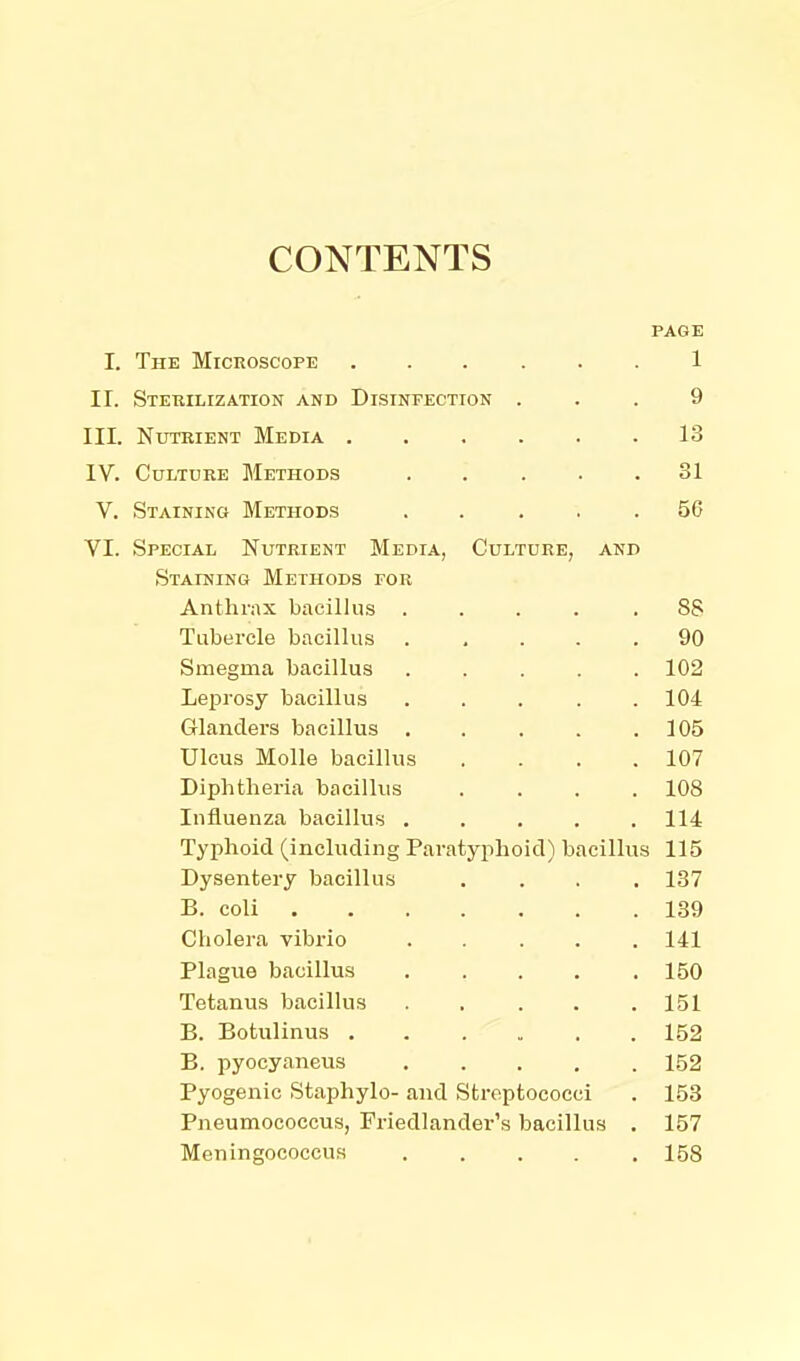 CONTENTS PAGE I, The Microscope 1 II. Sterilization and Disinfection ... 9 III. Nutbient Media ...... 13 IV. Culture Methods ..... 31 V. Staining Methods . . . . .56 VI. Special Nutrient Media, Culture, and Staining Methods for Anthrax bacillus ..... 88 Tubercle bacillus ..... 90 Smegma bacillus ..... 102 Leprosy bacillus . . . . .104 Glanders bacillus 105 Ulcus Molle bacillus . . . .107 Diphtheria bacillus .... 108 Influenza bacillus 114 Typhoid (inchiding Paratyphoid) bacillus 115 Dysentery bacillus .... 187 B. coli 139 Cholei'a vibrio ..... 141 Plague bacillus 150 Tetanus bacillus ..... 151 B. Botulinus 152 B. pyocyaneus 1.52 Pyogenic Staphylo- and Streptococci . 153 Pneumococcus, Friedlander's bacillus . 157 Meningococcus 158