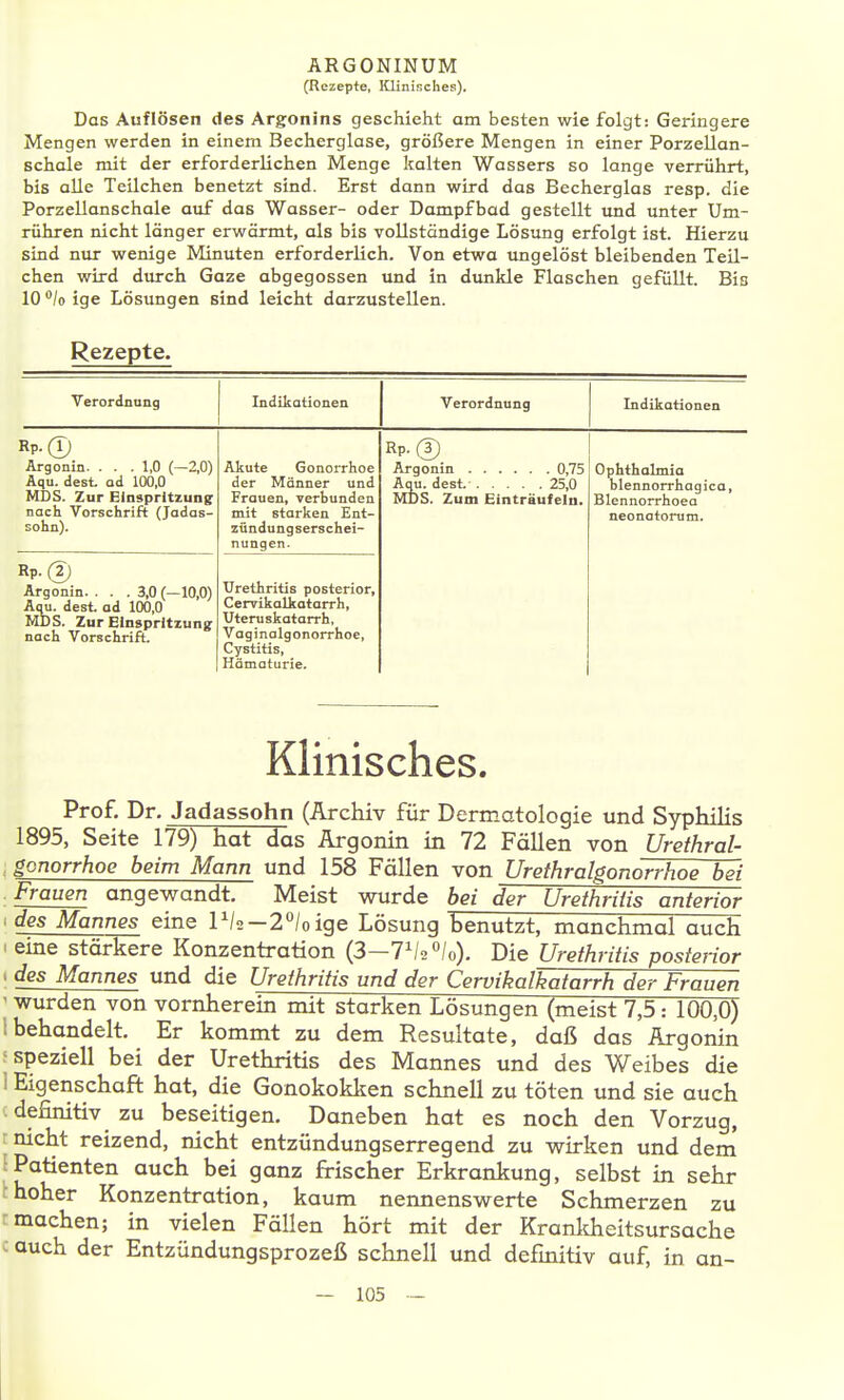 (Rezepte, Klinisches). Das Auflösen des Argonfns geschieht am besten wie folgt: Geringere Mengen werden in einem Becherglase, größere Mengen in einer Porzellan- schale mit der erforderlichen Menge kalten Wassers so lange verrührt, bis alle Teilchen benetzt sind. Erst dann wird das Becherglas resp. die Porzellanschale auf das Wasser- oder Dampfbad gestellt und unter Um- rühren nicht länger erwärmt, als bis vollständige Lösxmg erfolgt ist. Hierzu sind nur wenige Minuten erforderlich. Von etwa ungelöst bleibenden Teil- chen wird durch Gaze abgegossen und in dunkle Flaschen gefüllt. Bis 10 /o ige Lösungen sind leicht darzustellen. Rezepte. Verordnung Indikationen Verordnung Indikationen Rp.0 Argonin. . . .1,0 (—2,0) Aqu. dest. ad 100,0 MDS. Zur Einspritzung nach Vorschrift (Jadas- sohn). Akute Gonorrhoe der Männer und Frauen, verbunden mit starken Ent- zündungserschei- nungen. Rp-(3) Aqu. dest 25,0 MDS. Zum Einträufeln. Ophthalmia blennorrhagica, Blennorrhoea neonatorum. Rp.(2) Argonin. . . .3,0 (—10,0) Aqu. dest ad 100,0 MDS. Zur Einspritzung nach Vorschrift. Urethritis posterior, Cervikalkatarrh, Uteruskatarrh, Vaginalgonorrhoe, Cystitis, Hämaturie. Klinisches. Prof. Dr. Jadassohn (Archiv für Dermatologie und Sypidlis 1895, Seite 179) hat das Argonin in 72 Fällen von Urethral- , gonorrhoe beim Mann und 158 Fällen von Urethralgonorrhoe bei Frauen angewandt. Meist wurde bei der Urethritis anterior i des Mannes eine P/a-Z^/oige Lösung benutzt, manchmal auch I eine stärkere Konzentration (3—7^/2 /o). Die Urethritis posterior ' des Mannes und die Urethritis und der Cervikalkatarrh der Frauen ' wurden von vornherein mit starken Lösungen (meist 7,5: 100,0) 1 behandelt. Er kommt zu dem Resultate, daß das Argonin 'speziell bei der Urethritis des Mannes und des Weibes die 1 Eigenschaft hat, die Gonokoklien schnell zu töten und sie auch definitiv zu beseitigen. Daneben hat es noch den Vorzug, nicht reizend, nicht entzündungserregend zu wirken und dem Patienten auch bei ganz frischer Erkrankung, selbst in sehr hoher Konzentration, kaum neimenswerte Schmerzen zu r machen; in vielen Fällen hört mit der Krankheitsursache c auch der Entzündungsprozeß schnell und definitiv auf, in an-