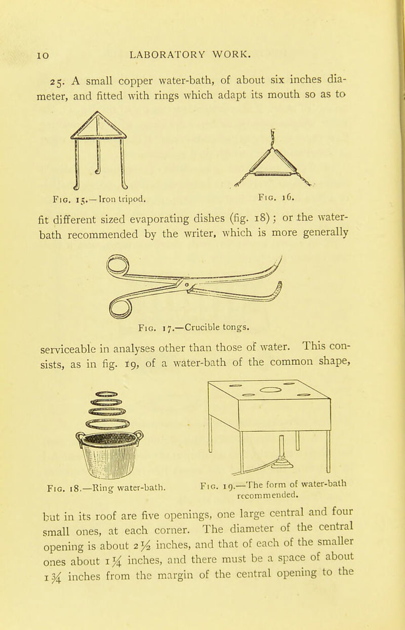 25. A small copper water-bath, of about six inches dia- meter, and fitted with rings which adapt its mouth so as to Fig. 15.— Iron tripod. Fig. lO. fit different sized evaporating dishes (fig. 18); or the water- bath recommended by the writer, which is more generally Fig. 17.—Crucible tongs. serviceable in analyses other than those of water. This con- sists, as in fig. 19, of a water-bath of the common shape, Fig. 18. -Ring water-bath. p1G- ir)_—The form of water-bath recommended. but in its roof are five openings, one large central and four small ones, at each corner. The diameter of the central opening is about 2 % inches, and that of each of the smaller ones about 1% inches, and there must be a space of about x# inches from the margin of the central opening to the