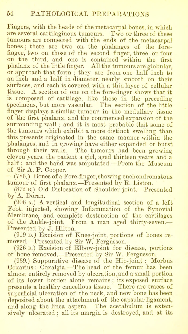Fingers, with the heads of the metacarpal bones, in which are several cartilaginous tumours. Two or three of these tumours are connected with the ends of the metacarpal bones; there are two on the phalanges of the fore- finger, two on those of the second finger, three or four on the third, and one is contained within the first phalanx of the little finger. All the tumours are globular, or approach that form ; they are from one half inch to an inch and a half in diameter, nearly smooth on their surfaces, and each is covered with a thin layer of cellular tissue. A section of one on the fore-finger shows that it is composed of cartilage, like those in the preceding specimens, but more vascular. The section of the little finger displays a similar tumour in the medullary tissue of the first phalanx, and the commenced expansion of the surrounding Avail ; and it is most probable that some of the tumours which exhibit a more distinct swelling than this presents originated in the same manner within the phalanges, and in growing have either expanded or burst through their walls. The tumours had been growing eleven years, the patient a girl, aged thirteen years and a half ; and the hand was amputated.—From the Museum of Sir A. P. Cooper. (786.) Bones of a Fore-finger, showing enchondromatous tumour of first phalanx.—Presented by R. Listen. (872 B.) Old Dislocation of Shoulder-joint.—Presented by A. Doran. (906 A.) A vertical and longitudinal section of a left Foot, injected, showing Inflammation of the Synovial Membrane, and complete destruction of the cartilages of the Ankle-joint. From a man aged thirty-seven.— Presented by J. Hilton. (919 D.) Excision of Knee-joint, portions of bones re- moved.—Presented by Sir W. Fergusson. (926 B.) Excision of Elbow-joint for disease, portions of bone removed.—Presented by Sir W. Fergusson. (939.) Suppurative disease of the Hip-joint : Morbus Coxarius : Coxalgia.—^The head of the femur has been almost entirely removed by ulceration, and a small portion of its lower border alone remains ; its exposed surface presents a healthy cancellous tissue. There are traces of superficial ulceration of the neck, and new bone has been deposited about the attachment of the capsular ligament, and along the linca aspera. The acetabulum is exten- sively ulcerated ; all its margin is destroyed, and at its