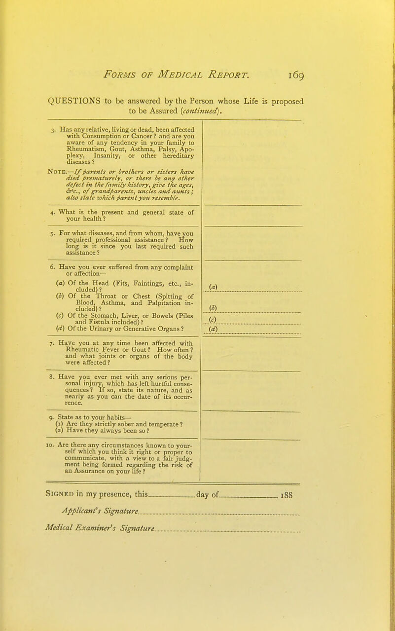 QUESTIONS to be answered by the Person whose Life is proposed to be Assured {contumed). 3. Has any relative, living or dead, been affected with Consumption or Cancer ? and are you aware of any tendency in your family to Rheumatism, Gout, Asthma, Palsy, Apo- plexy, Insanity, or other hereditary diseases ? Note.—1/parents or brothers or sisters have Hied fireniaiurely, or there be atiy other defect in the family history, give the ages, Sfe., of grandparents, uncles and aiints ; also state which parent you resemble. 4. What is the present and general state of your health? 5. For what diseases, and from whom, have you required professional assistance ? How long is it since you last required such assistance ? 6. Have you ever suffered from any complaint or affection— (a) Of the Head (Fits, Faintings, etc., in- cluded) » {b) Of the Throat or Chest (Spitting of Blood, Asthma, and Palpitation in- cluded) ? (c) Of the Stomach, Liver, or Bowels (Piles and Fistula included) ? (d) Of the Urinary or Generative Organs ? («) (A 7. Have you at any time been affected with Rheumatic Fever or Gout ? How often ? and what joints or organs of the body were affected? 8. Have you ever met with any serious per- sonal injury, which has left hurtful conse- quences ? If so, state its nature, and as nearly as you can the date of its occur- rence. 9. State as to your habits— (1) Are they strictly sober and temperate ? (2) Have they always been so ? 10. Are there any circumstances known to your- self which you think it right or proper to communicate, with a view to a fair judg- ment being formed regarding the risk of an Assurance on your life ? Signed in my presence, this day of 188 ApplicanCs Signature Medical Examiner's Sigfiaiure