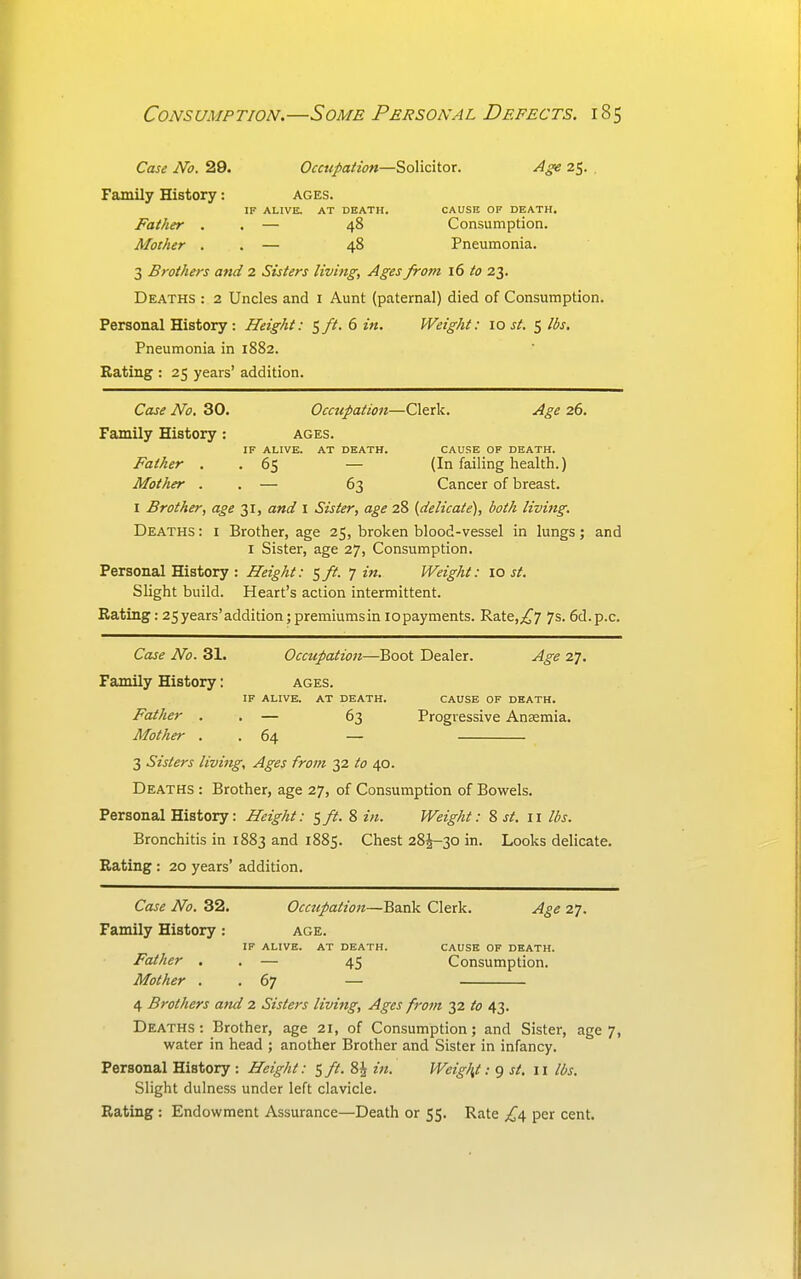 Case No. 29. Occupation—Solicitor. Age 25. Family History: ages. IF ALIVE. AT DEATH. CAUSE OF DEATH. Father . . — 48 Consumption. Mother . . — 48 Pneumonia. 3 Brothers and 2 Sisters living, Ages from l6 to 23. Deaths : 2 Uncles and i Aunt (paternal) died of Consumption. Personal History: Height: e^ft. 6 zm. Weight: lost. 5 lbs. Pneumonia in 1882. Eating : 25 years' addition. Case No. 30. Occupation—Clerk. Age 26. Family History: ages. IF ALIVE. AT DEATH. CAUSE OF DEATH. Father . . 65 — (In failing health.) Mother . . — 63 Cancer of breast. I Brother, age 31, and i Sister, age 28 (delicate), both living. Deaths : i Brother, age 25, broken blood-vessel in lungs; and I Sister, age 27, Consumption. Personal History : Height: 5 //. 7 in. Weight: 10 st. Slight build. Heart's action intermittent. Bating: 25 years'addition; premiums in lopayments. Rate,^7 7s. 6d.p.c. Case No. 31. Occupation—Boot Dealer. Age 27. Family History: ages. IF ALIVE. AT DEATH. CAUSE OF DEATH. Father . . — 63 Progressive Anasmia. Mother . . 64 — 3 Sisters living. Ages from 12. to dp. Deaths : Brother, age 27, of Consumption of Bowels. Personal History: Height: ^ft. 8 in. Weight: 8 st. 11 lbs. Bronchitis in 1883 and 1885. Chest 28^-30 in. Looks delicate. Bating : 20 years' addition. Case No. 32. Occupation—Bank Clerk. Age 27. Family History : age. IP ALIVE. AT DEATH. CAUSE OF DEATH. Father . . — 45 Consumption. Mother . . 67 — 4 Brothers and 2 Sisters living, Ages from 32 to 43. Deaths: Brother, age 21, of Consumption; and Sister, age 7, water in head ; another Brother and Sister in infancy. Personal History: Height: $ ft. Si in. Weig/^t: g st. 11 lbs. Slight dulness under left clavicle. Bating : Endowment Assurance—Death or 55. Rate £4. per cent.