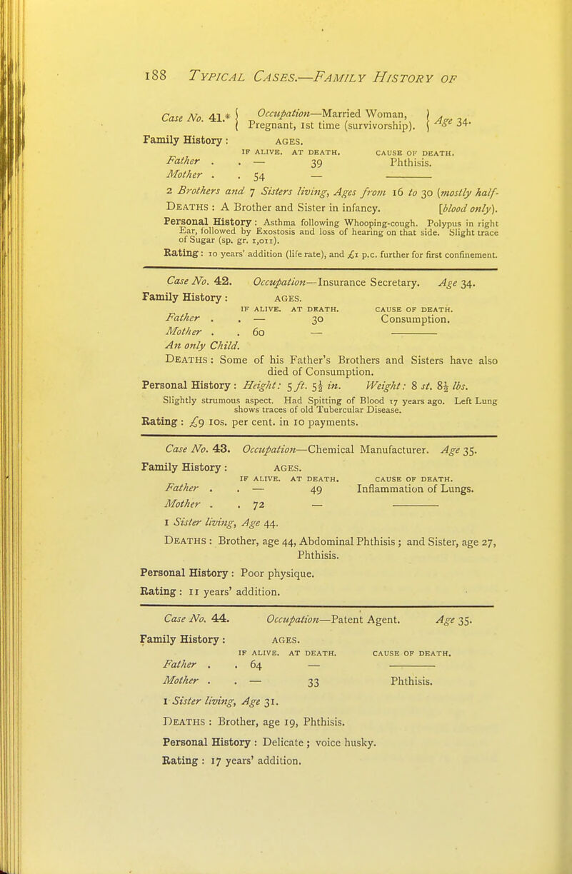 Case No. 41.* Occupation—Married Woman, ) . Pregnant, ist time (survivorsliip). \ ^^ 34- Family History: ages. IF ALIVE. AT DEATH. CAUSE OF DEATH. Father . . — 39 Plithisis. Mother . . 54 — 2 Brothers and 7 Sisters living, Ages frofn l6 to 30 [mostly half- Deaths : A Brother and Sister in infancy. \blood only). Personal History : Asthma following Whooping-cough. Polypus in right Ear, ioUovved by Exostosis and loss of hearing on that side. Slight trace of Sugar (sp. gr. i.oii). Rating : 10 years' addition (life rate), and £,\ p.c. further for first confinement. Case No. Occupation—Insurance Secretary. .^j^ 34. Family History: ages. IF ALIVE. AT DEATH. CAUSE OF DEATH. Father . . — 30 Consumption. Mother . . 60 — —■ An only Child. Deaths : Some of his Father's Brothers and Sisters have also died of Consumption. Personal History : Height: i,ft. 5^ in. Weight: 8 st. 8J lbs. Slightly strumous aspect. Had Spitting of Blood 17 years ago. Left Lung shows traces of old Tubercular Disease. Rating : los. per cent, in 10 payments. Case No. 43. Occupation—Chemical Manufacturer. Age 35. Family History: ages. IF ALIVE. AT DEATH. CAUSE OF DEATH. Father . . — 49 Inflammation of Lungs. Mother . . 72 — I Sister living, Age 44. Deaths : Brother, age 44, Abdominal Phthisis ; and Sister, age 27, Phthisis. Personal History: Poor physique. Rating : i r years' addition. Case No. 44. Occicpation—Patent Agent. Age 35. Family History: ages. IF ALIVE. AT DEATH. CAUSE OF DEATH. Father . , 64 — —■ Mother . . — 33 Phthisis. \ Sister living. Age 31. Deaths : Brother, age 19, Phthisis. Personal History : Delicate ; voice husky.