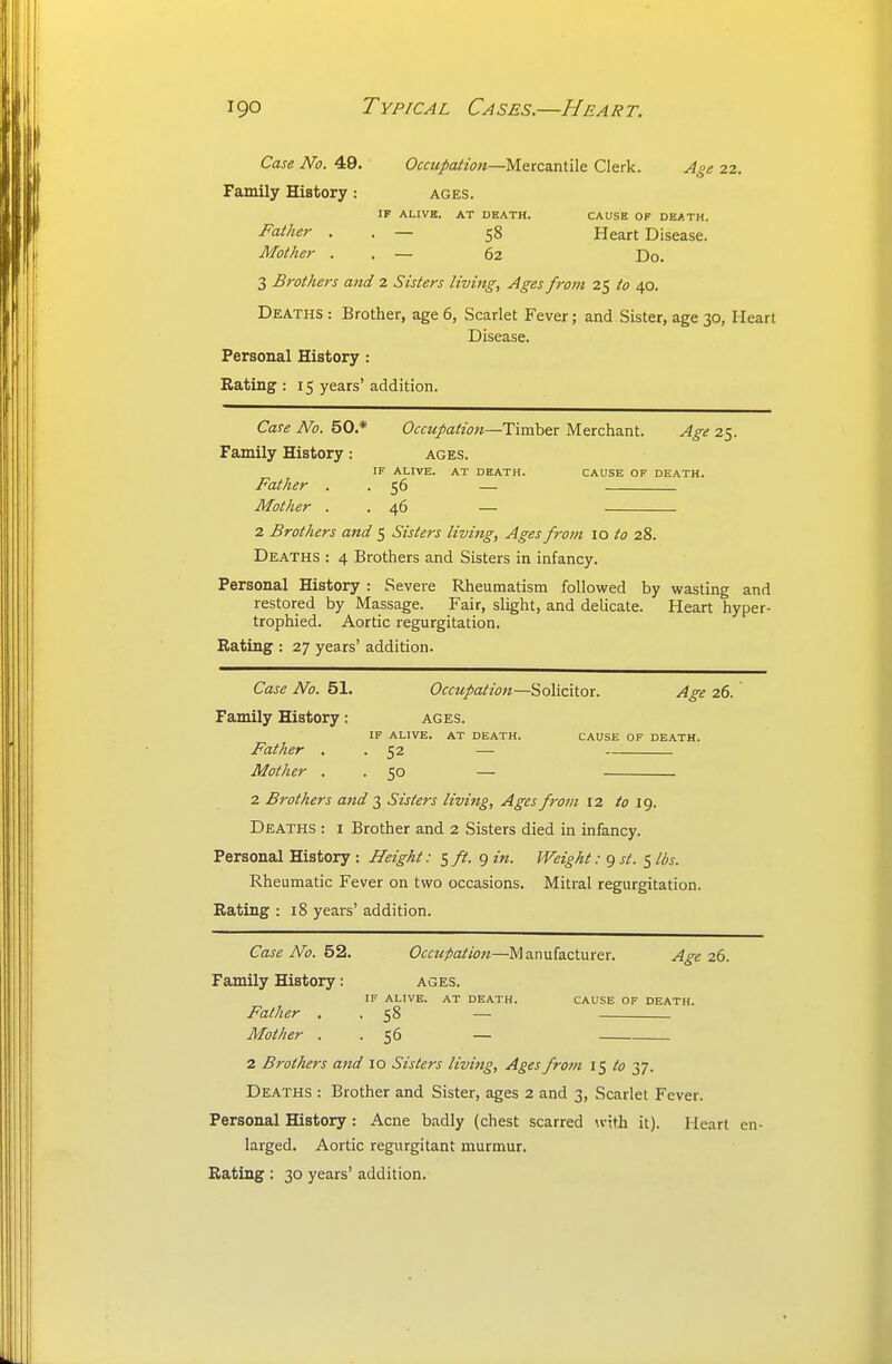 Case No. 49. (9fc?</a/zo«—Mercantile Clerk. Age 22. Family History: ages. IF ALIVE. AT DEATH. CAUSE OF DEATH. Father . . — 58 Heart Disease. Mother . . — 62 Do. 3 Brothers and 2 Sisters living, Ages from 25 to 40. Deaths : Brother, age 6, Scarlet Fever; and Sister, age 30, Heart Disease. Personal History: Bating : 15 years' addition. Caie No. 50.* Occupation—Timber Merchant. Age 25. Family History: ages. IF ALIVE. AT DEATH. CAUSE OF DEATH. Father . . 56 — Mother . . 46 — 2 Brothers and 5 Sisters living, Ages from 10 to 28. Deaths : 4 Brothers and Sisters in infancy. Personal History : Severe Rheumatism followed by wasting and restored by Massage. Fair, slight, and delicate. Heart hyper- trophied. Aortic regurgitation. Bating : 27 years' addition. Case No. 51. Occupation—Solicitor. Age 26. Family History: ages. IF ALIVE. AT DEATH. CAUSE OF DEATH. Father , .52 — Mother . . 50 — 2 Brothers and 3 Sisters living. Ages from 12 to 19. Deaths : i Brother and 2 Sisters died in infancy. Personal History : Height: 5 9 in. Weight: 9 st. 5 lbs. Rheumatic Fever on two occasions. Mitral regurgitation. Bating : 18 years' addition. Case No. b^. Occupation—Manufacturer. Age 2(3. Family History: ages. IF ALIVE. AT DEATH. CAUSE OF DEATH. Father . . 58 — Mother . . 56 — 2 Brothers and lo Sisters living. Ages from 1$ to 37. Deaths : Brother and Sister, ages 2 and 3, Scarlet Fever. Personal History : Acne badly (chest scarred with it). Heart en- larged. Aortic regurgitant murmur.