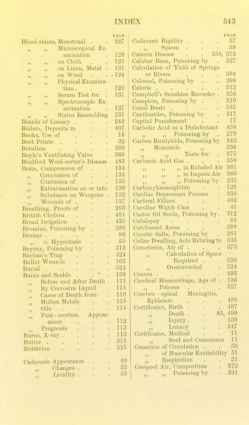 PAOK Bloocl-staius, Menstrual . . 227 „ ,, Microscopical Ex- amination . 128 on Clotli . . 125 „ on Linen, Metal . 131 „ on Wood . . • 124 „ „ Physical Examina- tion. . .125 „ „ Serum Test for . 131 „ ,, Sjiectroscopic Ex- amination . 127 „ ,, Stains Resembling 131 Boards of Luuacj' . . . 242 Boilers, Deposits in . . 407 Books, Use of ... 16 Boot Prints .... 32 Botulism . . . .309 Boyle's Ventilating Valve . 368 Bradford Wool-sorter's Disease 483 Brain, Compression of . .134 ,, Concussion of . . 134 Contusion of . . 135 ,, Extravasation on or into 136 ,, Substance on Weapons . 132 ,, Wounds of . . . 137 Breathing, Proofs of . . 203 British Cholera . . .481 Broad Irrigation . . . 435 Bromine, Poisoning by . . 288 Bruises ..... 98 ,, V. Hypostasis . . 55 Bryony, Poisoning by . .313 Buchan's Trap . . .424 Bullet Wounds . . .102 Burial 524 Burns and Scalds . . ' . 108 ,, Before and After Death . Ill By Corrosive Liquid . 114 ,, Cause of Death from . 110 Molten Metals . . 115 Oils . . . .114 ,, Post-mortem Appear- ances . . .112 ,, Progno.sis . . .113 Burns, X-ray . . . .113 Butter 515 Butterine . . • .515 Cadaveric Aiipearance . . 49 ,, Changes ... 53 ,, Lividity . . .53 PAGE Cadaveric Rigidity ... 57 ,, Spasm ... 59 Caisson Disease . . 358, 373 Calabar Bean, Poisoning by . 327 Calculation of Yield of Springs or Rivers . . .388 Calomel, Poisoning by . . 298 Calorie . . . . . 512 Campbell's Sunshine Recorder . 350 Camphor, Poisoning by . . 319 Canal Boats .... 535 Cantharides, Poisoning by . 311 Capital Punishment ' . . 17 Carbolic Acid as a Disinfectant 458 „ „ Poisoning by . 279 Carbon Bisulphide, Poisoning by 342 ,, Monoxide ,, 336 ,, ,, Tests for . 375 Carbonic Acid Gas . . . 359 ,, „ in Exhaled Air 361 ,, ,, in Impjure Air 360 ,, „ „ Poisonmg by 335 Carl30xyhaemoglobin . .128 Cardiac Depressant Poisons . 330 CarCeral Filters . . .403 Caroline Walsh Case . . 41 Castor Oil Seeds, Poisoning by. 312 Catalepsy .... 83 Catchment Areas . . . 389 Caustic Salts, Poisoning by . 281 Cellar Dwelling, Acts Relating to 535 Cemeteries, Air of . . . 373 ,, Calculation of Space Required . . 526 ,, Overcrowded . 524 Census 493 Cerebral Hasmorrhagc, Age of . 136 ,, Poisons . . . 327 Cercbro - spinal Meningitis, Epidemic . . . 483 Certificates, Birth . . .497 Death . . 85, 499 ,, Injury . . . 150 ,, Lunacy . . 247 Certificates, Medical . . 11 Soul and Conscience 11 Cessation of Circulation . . 50 of Muscular Excitability 51 ,, Respiration . . 5] Cesspool Air, Composition . 372 ,, ,, I'oisoning by . 341