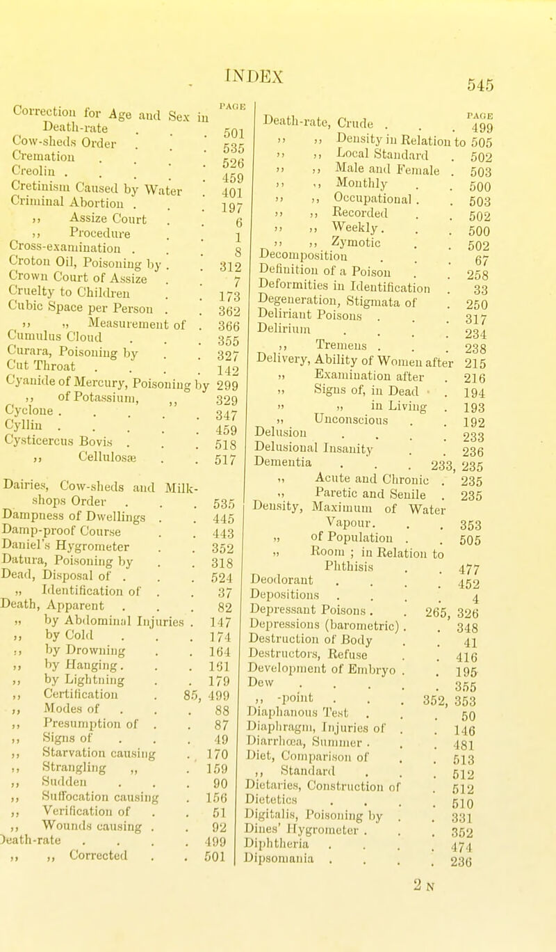 545 Correction for Age and Sex in Death-rate Cow-sheds Order Cremation . . '  Creolin . .   Cretinism Cansed by Water '. Criminal Abortion . Assize Court >, Procedure Cross-examination . . \ Crotou Oil, Poisoning by . Crown Court of Assize . Cruelty to Children . [ Cubic Space per Person . I) „ Measurement of . Cumulus Cloud Curnra, Poisoning by Cut Throat . . _ [ Cyanide of Mercury, Poisoning by of Potassium, Cyclone ... Cyllin . . . ' Cystieercus Bovi.s . ,, Cellulosaj 501 535 526 459 401 197 6 1 8 312 7 173 362 366 355 327 142 299 329 347 459 518 517 Dairies, Cow-sheds and Milk- shops Order . . . 53.5 Dampness of Dwellings . . 445 Damp-proof Course . . 443 Daniel's Hygrometer . . 352 Datura, Poisoning by . .318 Dead, Disposal of . . .524 „ Iilentification of . . 37 Death, Ajiparent ... 82 „ by Abdomiiud Injuries . 147 ,, by Cold . '. .174 :, by Drowning . .164 „ by Hanging. . . 161 ,, by Lightning . .179 ,, Certitication . 85, 499 ,, Modes of . . . 88 ,, Presumption of . .87 ,, Signs of . . . 49 ,, Starvation causing . 170 ,, Strangling „ . I.09 ,, Sudden ... 90 ,, Suffocation causing . 156 ,, Verification of . .61 ,, Wounds causing . . 92 )eath-rate .... 499 ,, ,, Correcteil . . 501 Death-rate, Crude . >i Density in Relation to n ,, Local Standard I) ,, Male and f^emale i> ,, Monthly >> ,, Occupational . )> Recorded >> >, Weekly. a ,, Zymotic Decomposition . . [ Definition of a Poison Deformities in Identification ! Degeneration, Stigmata of Deliriant Poisons . Delirium . .  ,, Tremens . Delivery, Ability of Women after „ Examination after Signs of, in Dead  a in Living „ Unconscious Delusion . . _ | Delusional Insanity Dementia . . 233 „ Acute and Chronic . Paretic and Senile . Density, Maximum of Water Vapour. „ of Population . „ Room ; in Relation to Phthisis Deodorant Depositions ■ . . . Depressant Poisons. . 265 Depressions (barometric) . Destruction of Body Destructors, Refuse Development of Embryo . Dew • • . . . n -point . . . 352, Diaphanous Test . Diaphragm, Injuries of . Diarrlicca, Summer . Diet, Comparison of ,, Standard Dietaries, Construction of Dietetics .... Digitalis, Poisoning by . Dines' Hygrometer . Diphtheria • • . . Dipsomaiua • . . . TAflE 499 505 502 503 500 503 502 500 502 67 258 33 250 317 234 238 215 216 194 193 192 233 236 235 235 235 353 505 477 452 4 326 348 41 416 195 355 353 50 146 481 513 512 512 510 331 352 474 236 2n