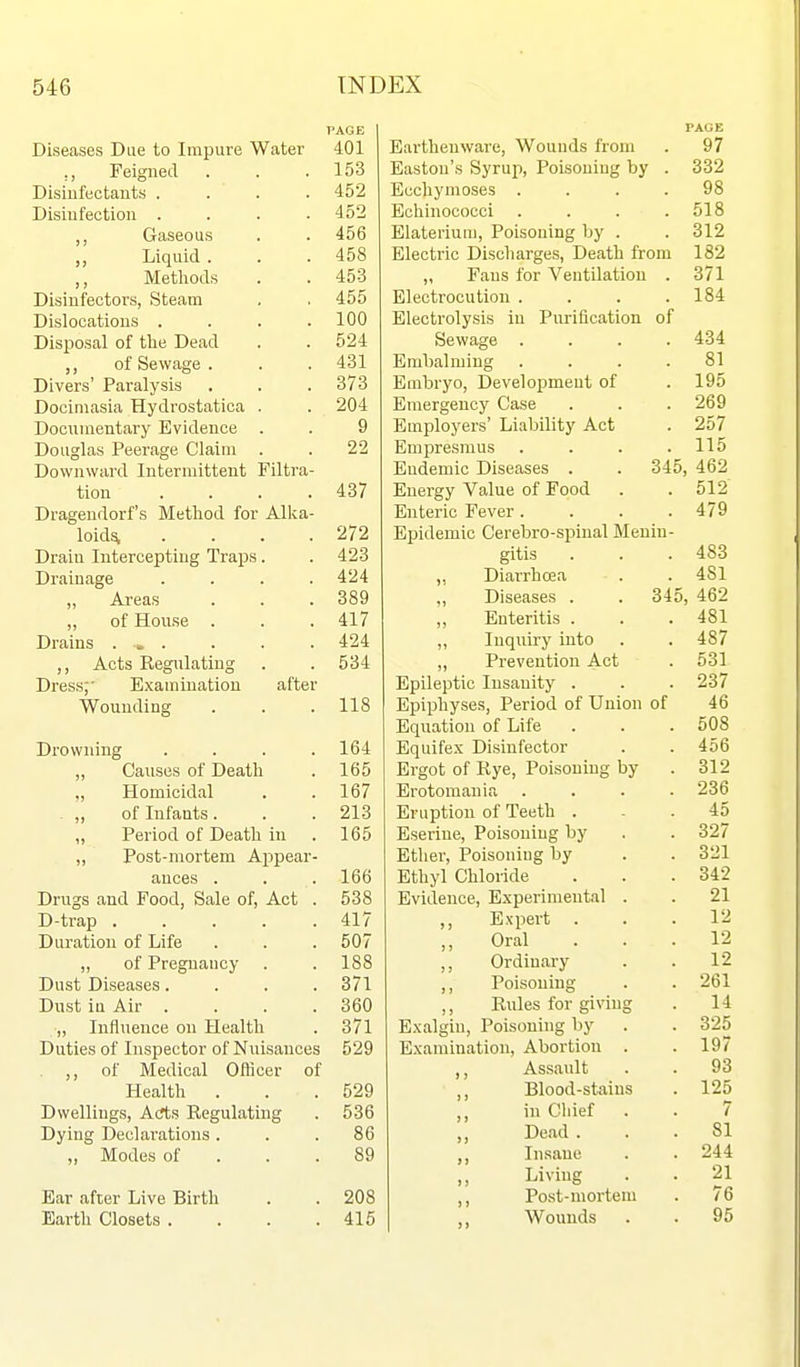 T'AGE Diseases Due to Impure Water 401 ,, Feigned . . .153 DisiufectantH .... 452 Disiufection . . . .452 Gaseous . . 456 Liquid . . . 458 Metliods . . 453 Disiufectors, Steam . . 455 Dislocations .... 100 Disi^osal of the Dead . . 524 ,, of Sewage . . . 431 Divers' Paralysis . . . 373 Docimasia Hydrostatica . . 204 Documentary Evidence . . 9 Douglas Peerage Claim . . 22 Downward Intermittent Filtra- tion . . . .437 Dragendorf's Method for Alka- loid^ .... 272 Drain Intercepting Traps. . 423 Drainage .... 424 „ Areas . . .389 ofHoii.se . . .417 Drains 424 Acts Kegulating . .534 Dress;' Examination after Wounding . . .118 Drowning .... 164 ,, Causes of Death . 165 ,, Homicidal . .167 of Infants. . . 213 „ Period of Death in . 165 ,, Post-mortem Appear- ances . . . 166 Drugs and Food, Sale of, Act . 538 D-trap 417 Duration of Life . . . 507 ,, of Pregnancy . . 188 Dust Diseases.... 371 Dust in Air . . . .360 Influence on Health . 371 Duties of Inspector of Nuisances 529 ,, of Medical Officer of Health . . .529 Dwellings, Acfts Regulating . 536 Dying Declarations ... 86 „ Modes of . . .89 Ear after Live Birth . . 208 Earth Closets . . . .415 Earthenware, Wounds from PAGE . 97 Easton's Syrup, Poisoning by 332 Ecchymoses . 98 Bchinococci 518 Elateriuni, Poisoning by . 312 Electric Discharges, Death from 182 „ Fans for Ventilation 371 Electrocution . 184 Electrolysis in Purification of Sewage . 434 Embalming 81 Embryo, Development of 195 Emergency Case Employers' Liability Act 269 257 Empresmus 115 Endemic Diseases . 345, 462 Energy Value of Food 512 Enteric Fever . 479 Epidemic Cerebro-spiual Menin- triti 1 483 481 ^ J i-'lOCcloCo • < 345 462 J y Hill XjKSL 1 Lio • ■ 481 „ Inquiry into 487 Pvpirpntinii A of 531 Epileptic Insanity . 237 Epiphyses, Period of Union of 46 Equation of Life 508 Equifex Disinfector 456 Ergot of Rye, Poisoning by 312 Erotomania . 236 Eruption of Teeth . 45 Eserine, Poisoning by 327 Ether, Poisoning by 321 Ethyl Chloride 342 Evidence, Experimental . 21 ,, Expert . 12 Oral 12 ,, Ordinary 12 ,, Poisoning 261 ,, Rules for giving 14 Exalgin, Poisoning by 325 Examination, Abortion . 197 ,, Assault 93 ,, Blood-stains 125 ,, in Chief 7 ,, Dead . 81 In.saue 244 Living 21 ,, Post-mortem 76 ,, Wounds 95