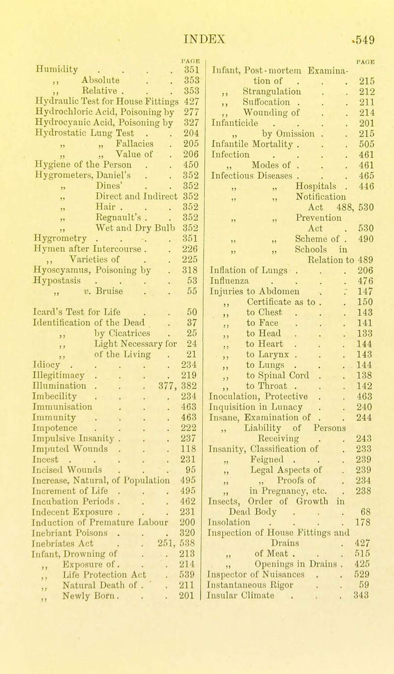 Humidity . . . .351 Absolute . . 353 ,, Relative . . .353 Hydraulic Test for House Fittings 427 Hydrochloric Acid, Poisouiug by 277 Hydrocyauic Acid, Poisouiug by 327 Hydrostatic Lung Test . 204 „ „ Fallacies 205 „ „ Value of 206 Hygiene of the Person 450 Hygrometers, Daniel's „ Dines' 352 „ Direct and Indirect 352 „ Hair . 352 „ Regnault's . 352 ,, Wet and Dry Bulb 352 Hygi'ometry . 351 Hymeu after Intercourse . 226 ,, Varieties of 225 Hyoscyamus, Poisoning by 318 Hypostasis 53 ,, V. Bruise 55 Icard's Test for Life 50 Identification of the Dead 37 ,, by Cicatrices 25 ,, Light Necessary for 24 ,, of the Living 21 Idiocy .... 234 Illegitimacy . 219 Illumination . 377, 382 Imbecility 234 Immunisation 463 Immunity 463 Impotence 222 Impulsive Insanity . 237 Iraimtcd Wounds . 118 Incest .... 231 Incised Wounds 95 Increase, Natural, of Population 495 Increment of Life . 495 Incubation Periods . 462 Indecent Exposure . 231 Induction of Premature F/abour 200 Inebriant Poisons . 320 Inebriates Act 251, .538 Infant, Drowning of 213 ,, Exposure of. 214 ,, Life Protection Act 539 Natural Death of . 211 Newly Born. 201 PAflE Infant, Post-mortem Examina- tion of . . . 215 ,, Strangulation . . 212 ,, Suifocatiou . . . 211 ,, Wounding of . . 214 Infanticide .... 201 ,, by Omission . . 215 Infantile Mortality . . . 505 Infection .... 461 „ Modes of . . . 461 Infectious Diseases . . . 465 ,, „ Hospitals . 446 Notification Act 488, 530 Prevention Act . 530 ,, ,, Scheme of . 490 „ „ Schools in Relation to 489 Inflation of Lungs . . . 206 Influenza .... 476 Injuries to Abdomen . .147 ,, Certificate as to . . 150 „ to Chest . . .143 ,, to Face . . . 141 ,, to Head . . .133 ,, to Heart . . . 144 ,, to Larynx . . .143 ,, to Lungs . . . 144 ,, to Spinal Cord . .138 to Throat . . .142 Inoculation, Protective . . 463 Inquisition in Lunacy . . 240 Insane, Examination of . . 244 ,, Liability of Persons Receiving . . 243 Insanity, Classification of . 233 „ Feigned . . . 239 „ Legal Aspects of . 239 ,, ,, Proofs of . 234 „ in Pregnancy, etc. . 238 Insects, Order of Growth in Dead Body ... 68 Insolation . . . .178 Inspection of House Fittings ;uid Drains . 427 „ of Meat . . . 515 ,, Openings in Drains . 425 Inspector of Nuisances . . 529 Instantaneous Rigor . . 59 Insular Climate . . . 343